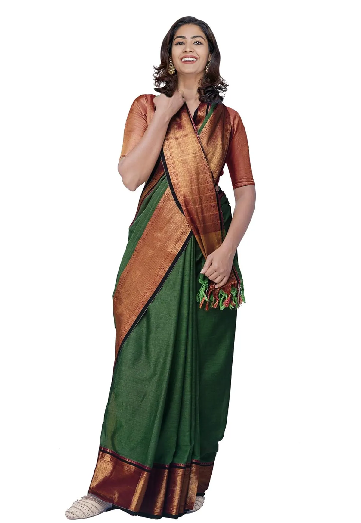 Narayanpet Handloom Cotton Saree And Blouse Piece (Green+Free Size) For Women