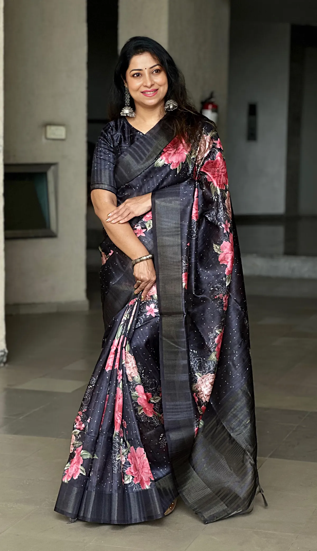 Soft Tussar Silk sarees with Beautiful Print With Attractive Pallu & Zari Border And Contrast Print Blouse With Tassels
