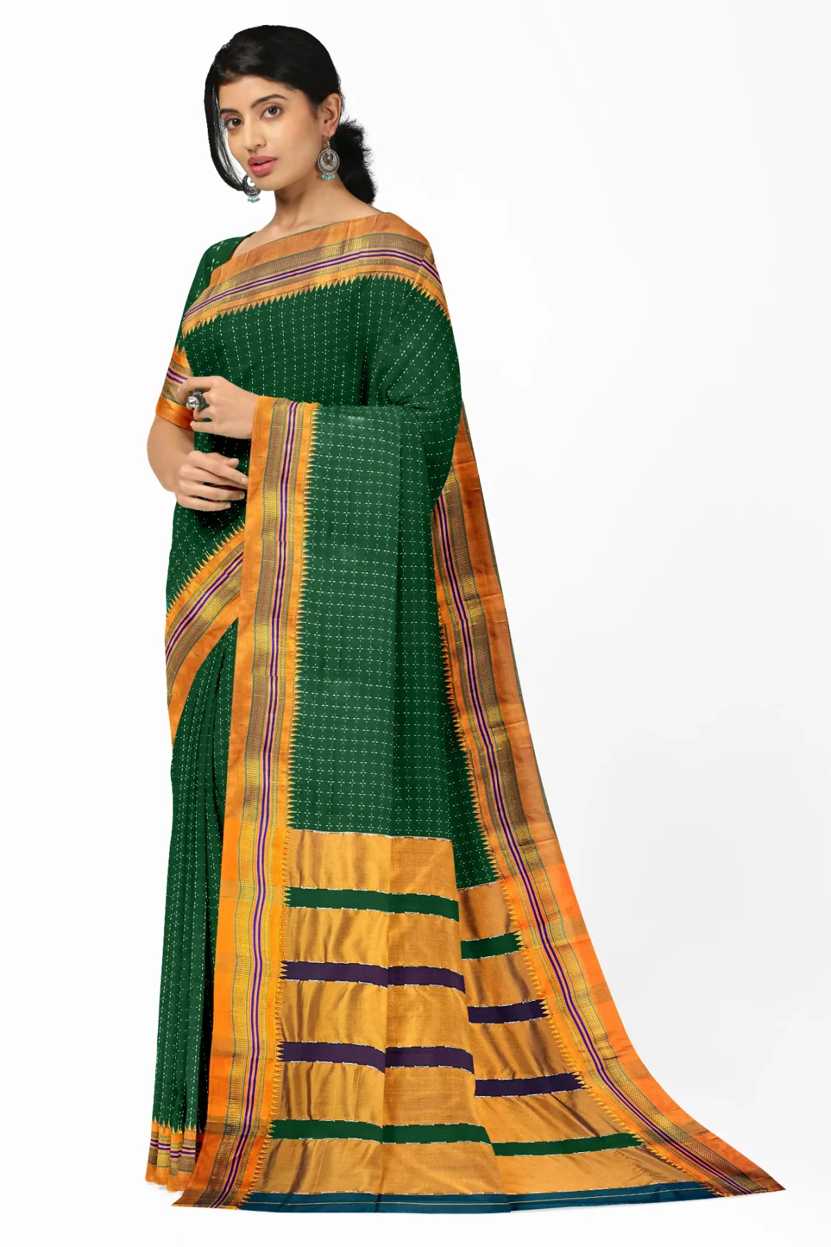 Green Cottonsilk Ilkal starplus pattern saree with running blouse piece(same as saree)