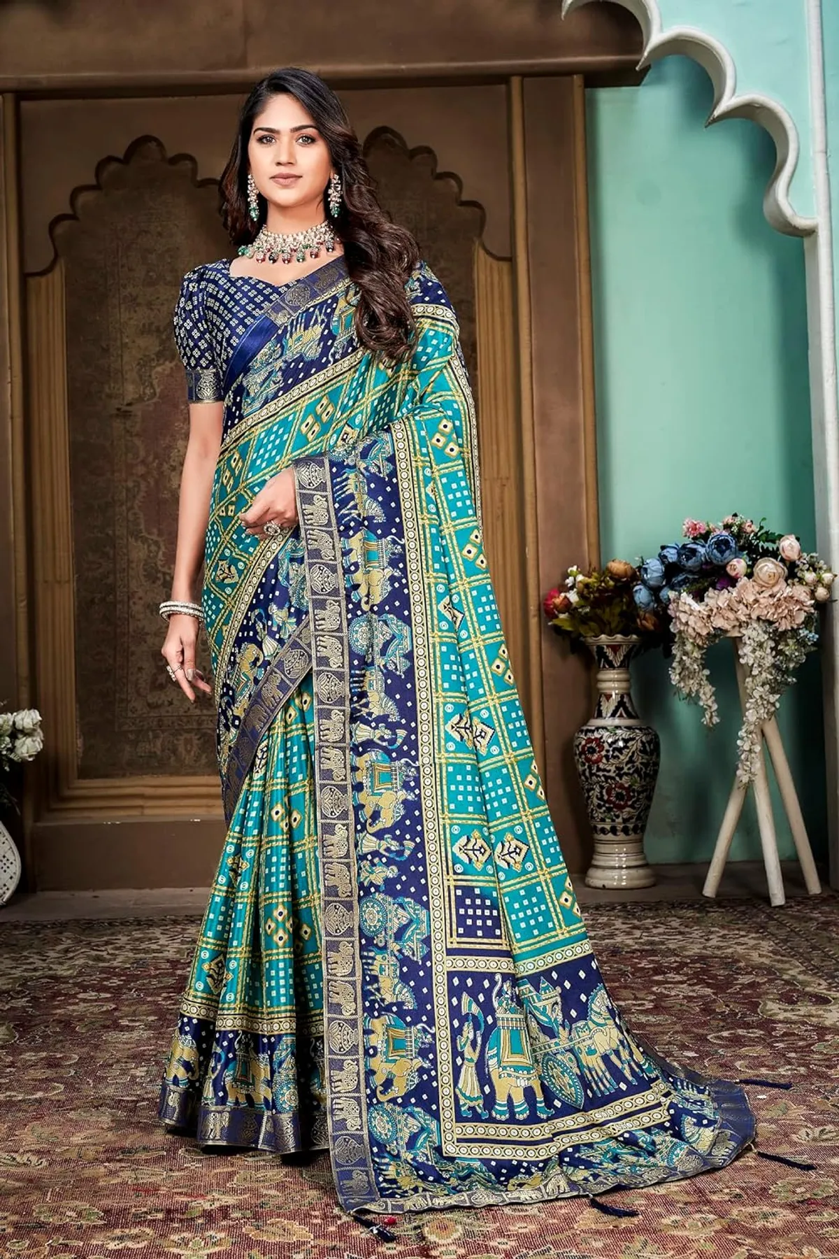 Bandhani Print Soft Turkey Silk Saree With Unstitched Blouse Piece (Rama Blue)