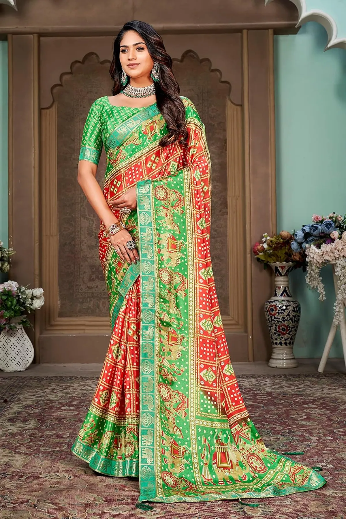 Bandhani Print Soft Turkey Silk Saree With Unstitched Blouse Piece (Tomato Pista)