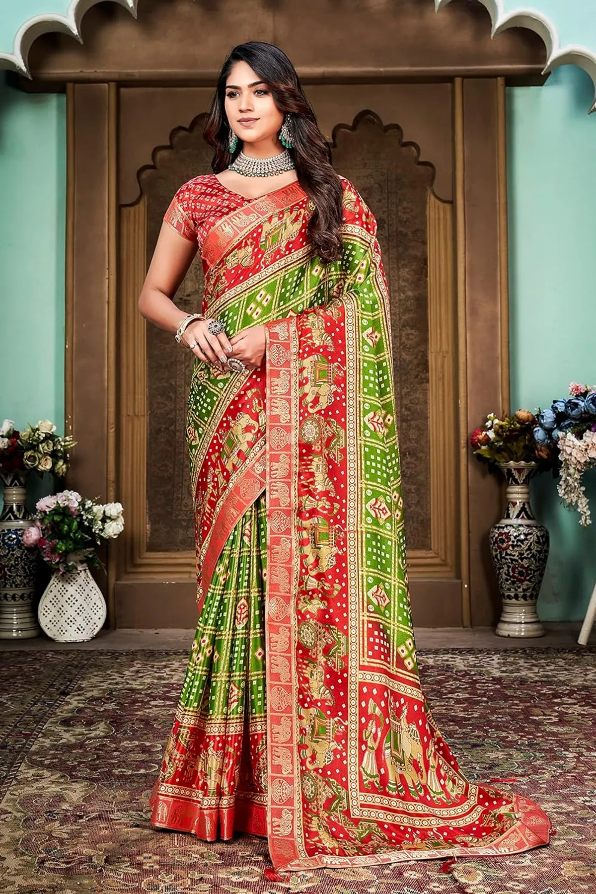 HATHI BANHDANI PRINTED SOFT TURKEY SILK SAREES WITH JHALAR LACE BORDER WITH RUNNING BLOUSE