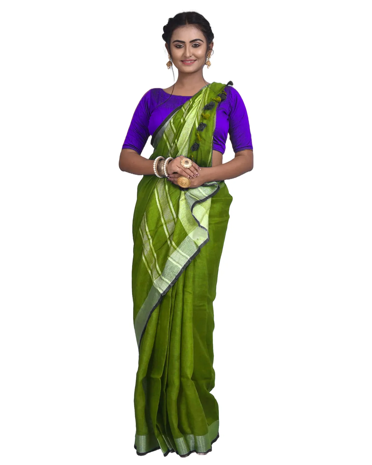 Parrot Green Bhagalpuri Handloom women's Linen Slub Blend Saree With Black Pipin Contrast Blouse Piece