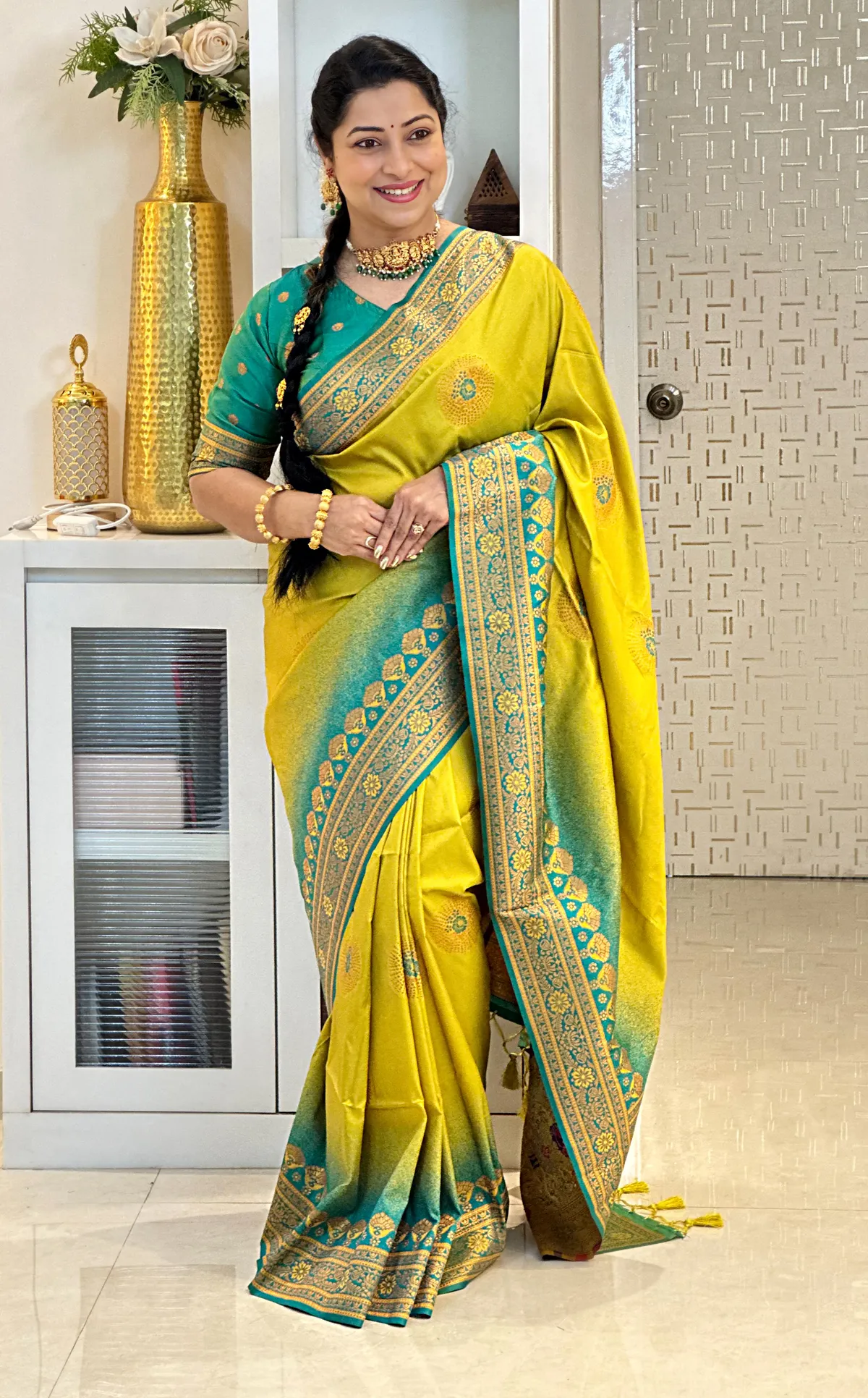 Jenni Yellow – Wedding Special | Premium Soft Banarasi Silk Saree with Weaving Pattern, Pallu & Border, Weaving Blouse with Tassels