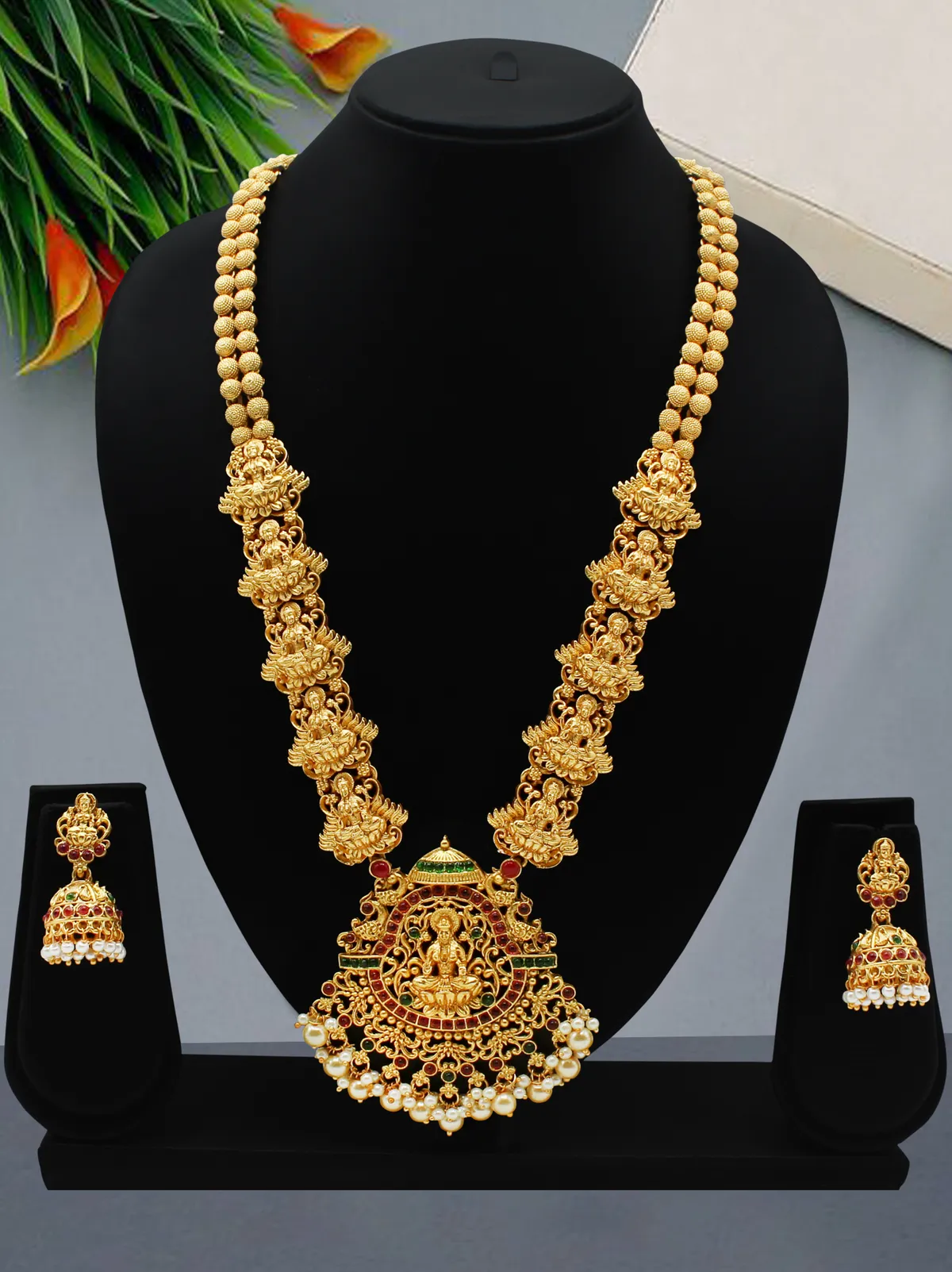 Grisha Jewellery Trendy Design Temple Haram Long Necklace Jewellery Set With Earrings For Women