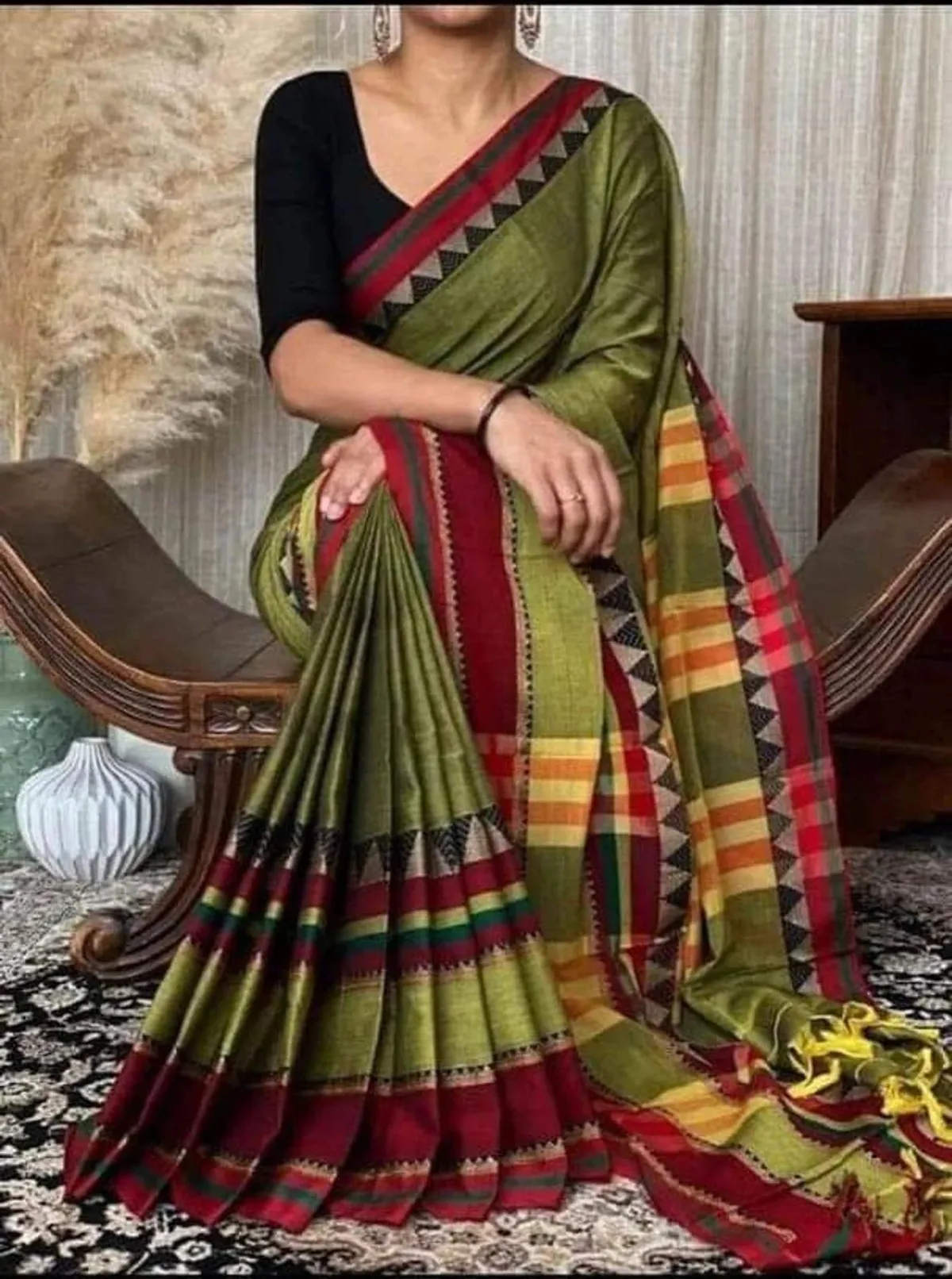Mehandi Rangoli Border Pure Narayanpet Handloom cotton saree with Running blouse piece