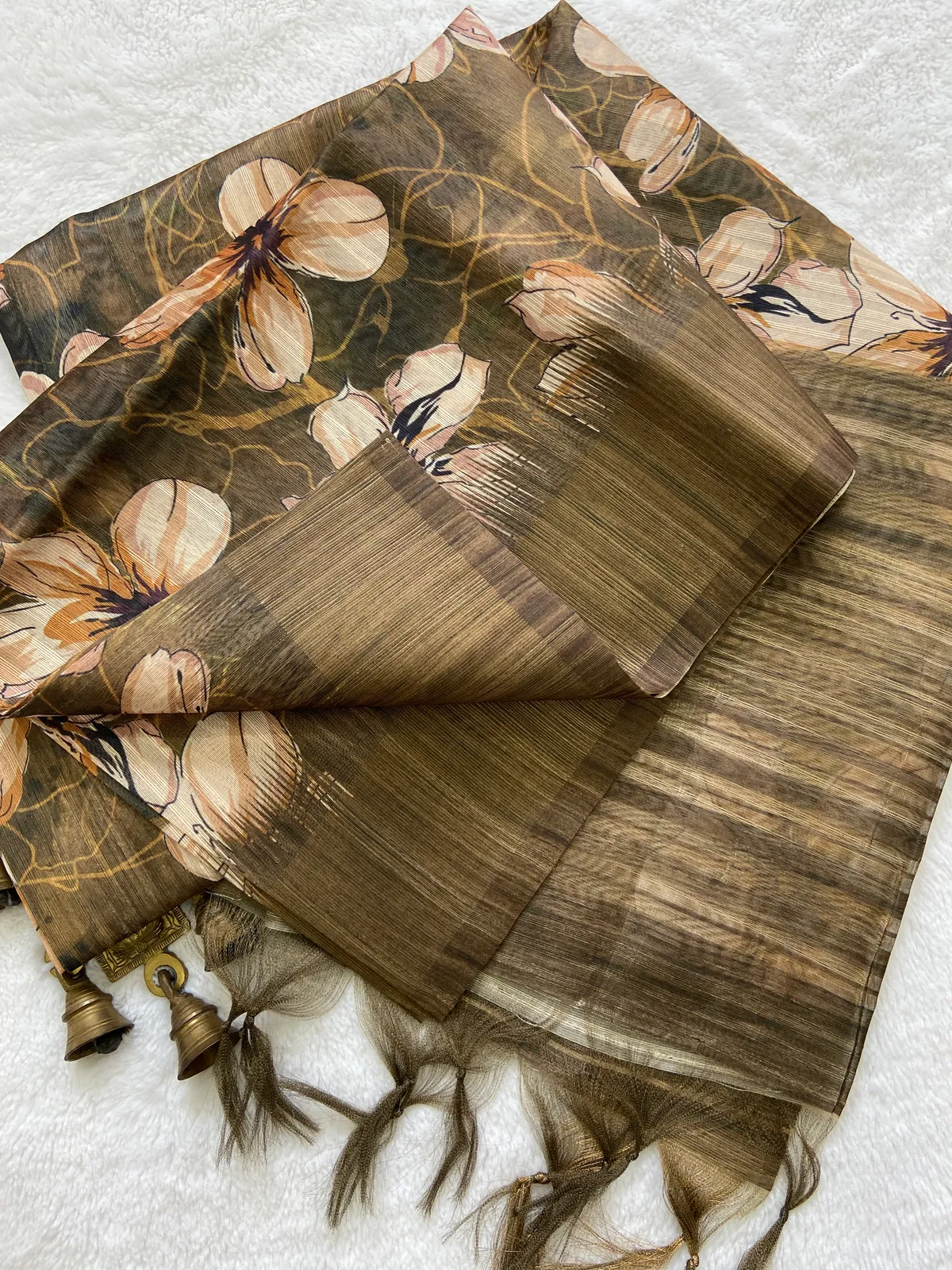 Gargi Coffee Brown – Wise Aesthetic Edit for You | Soft Tussar Silk Saree with Print, Pallu & Zari Border & Contrast Print Blouse with Tassels