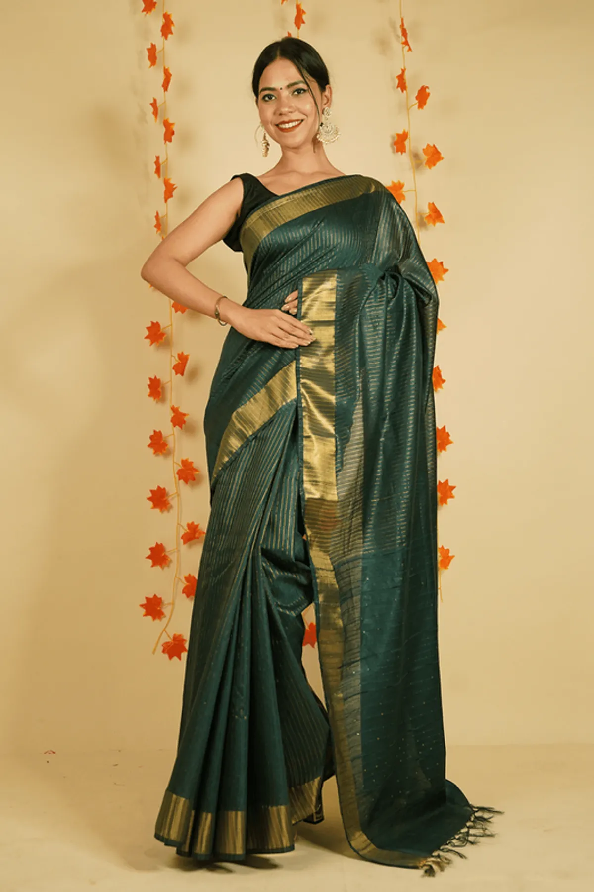 Sequins Handloom Silk Bhagalpuri British Green Striped Saree