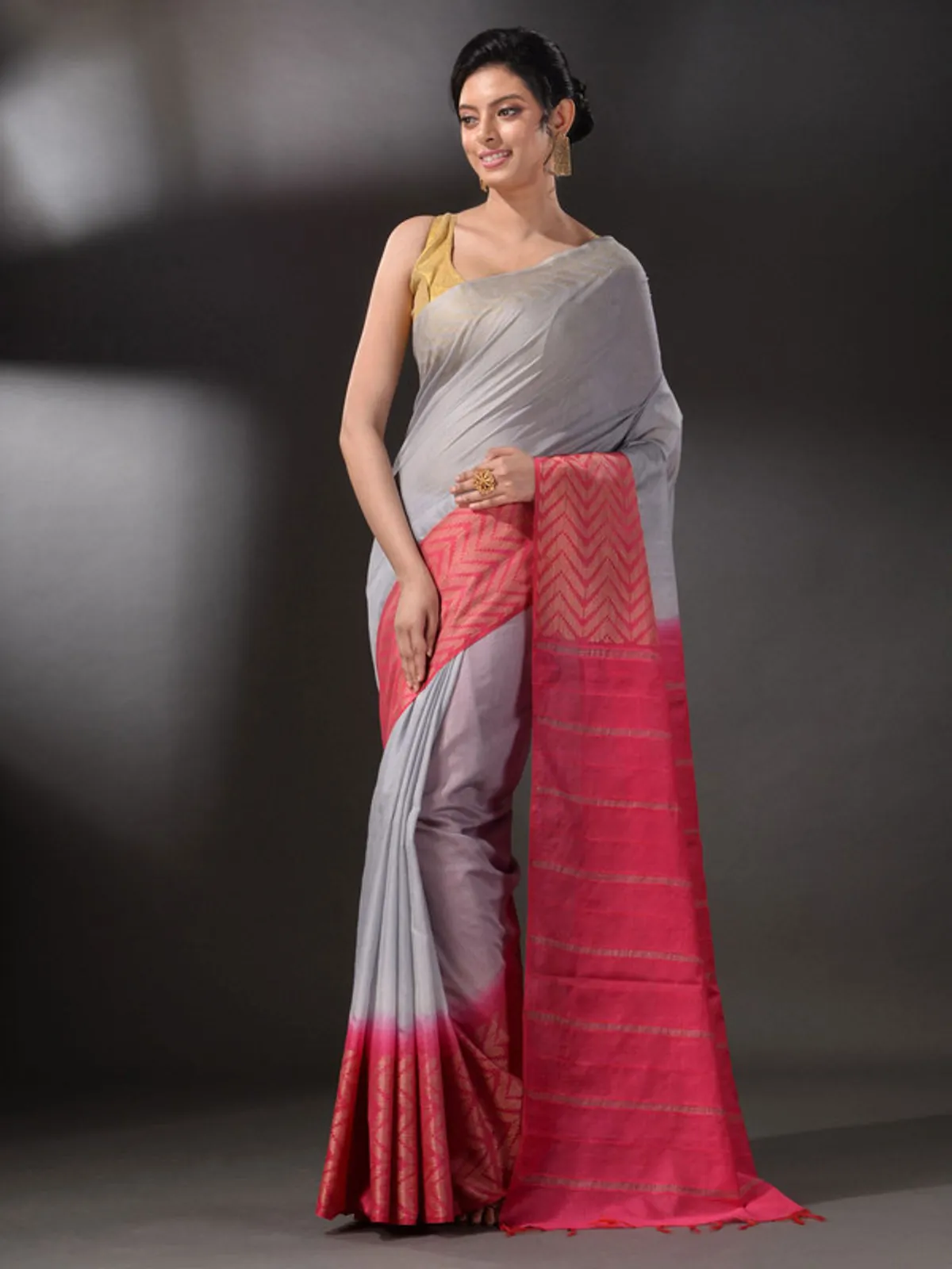 Handloom Multi Dye Bhagalpuri Semi Tussar Silk Saree with Blouse Piece (Troit_Grey & Poppy_Pink)