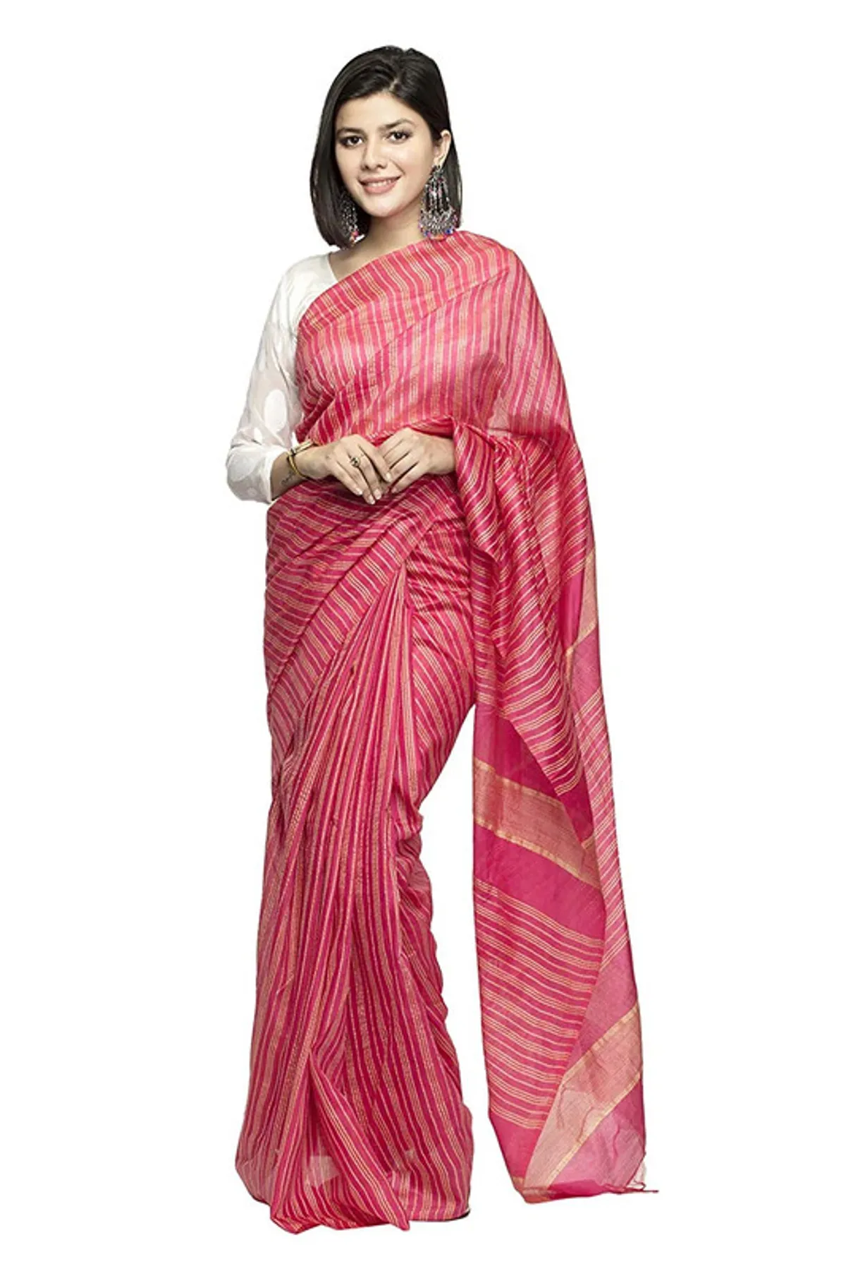 Bhagalpuri Kota Art Silk Handloom Bollywood Striped Saree (Cerise Pink)
