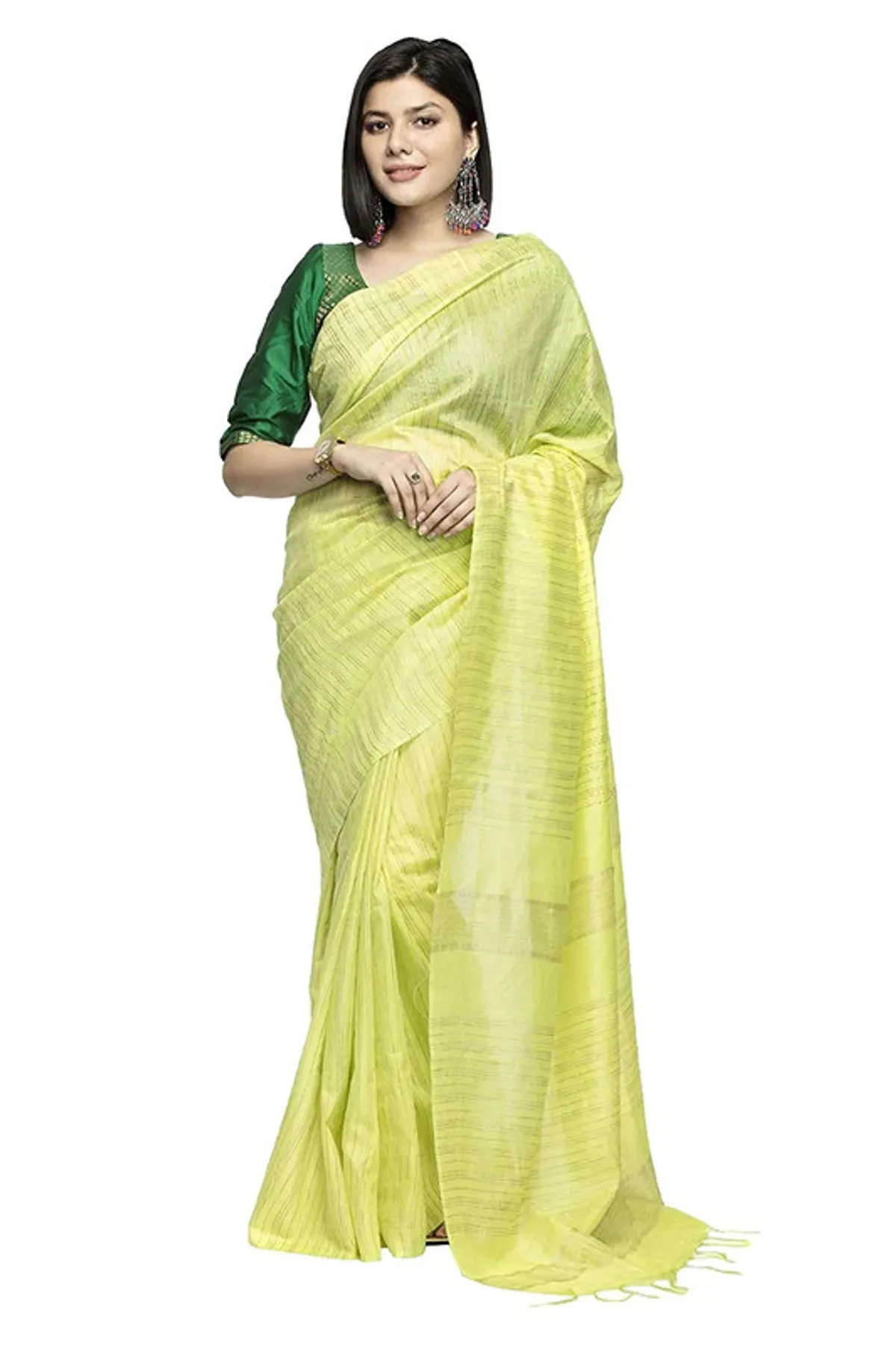 Art Silk Handloom Bhagalpuri Striped Kota Saree (Lime_Green)