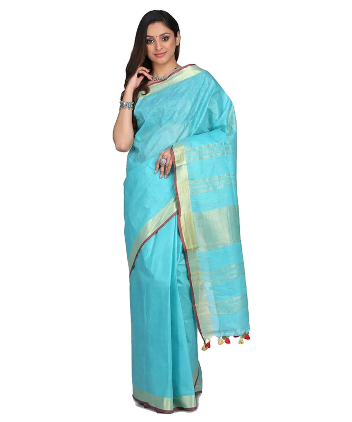 Linen Cotton Blend Contrast Handloom Bhagalpuri Saree for Women (Gold-Cyan-Red )