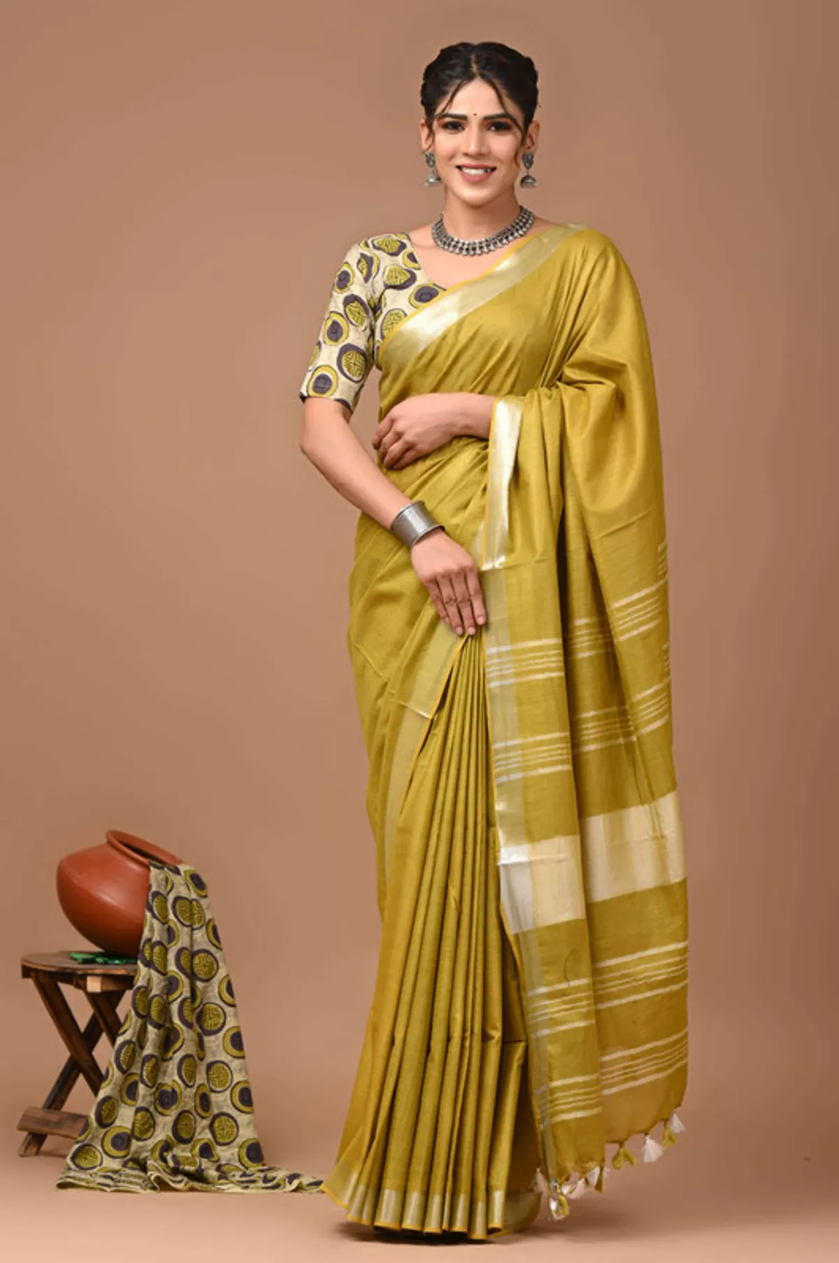 Linen Cotton Blend Handloom Bhagalpuri Saree with Zari Border (12786 Earlsie_Green)