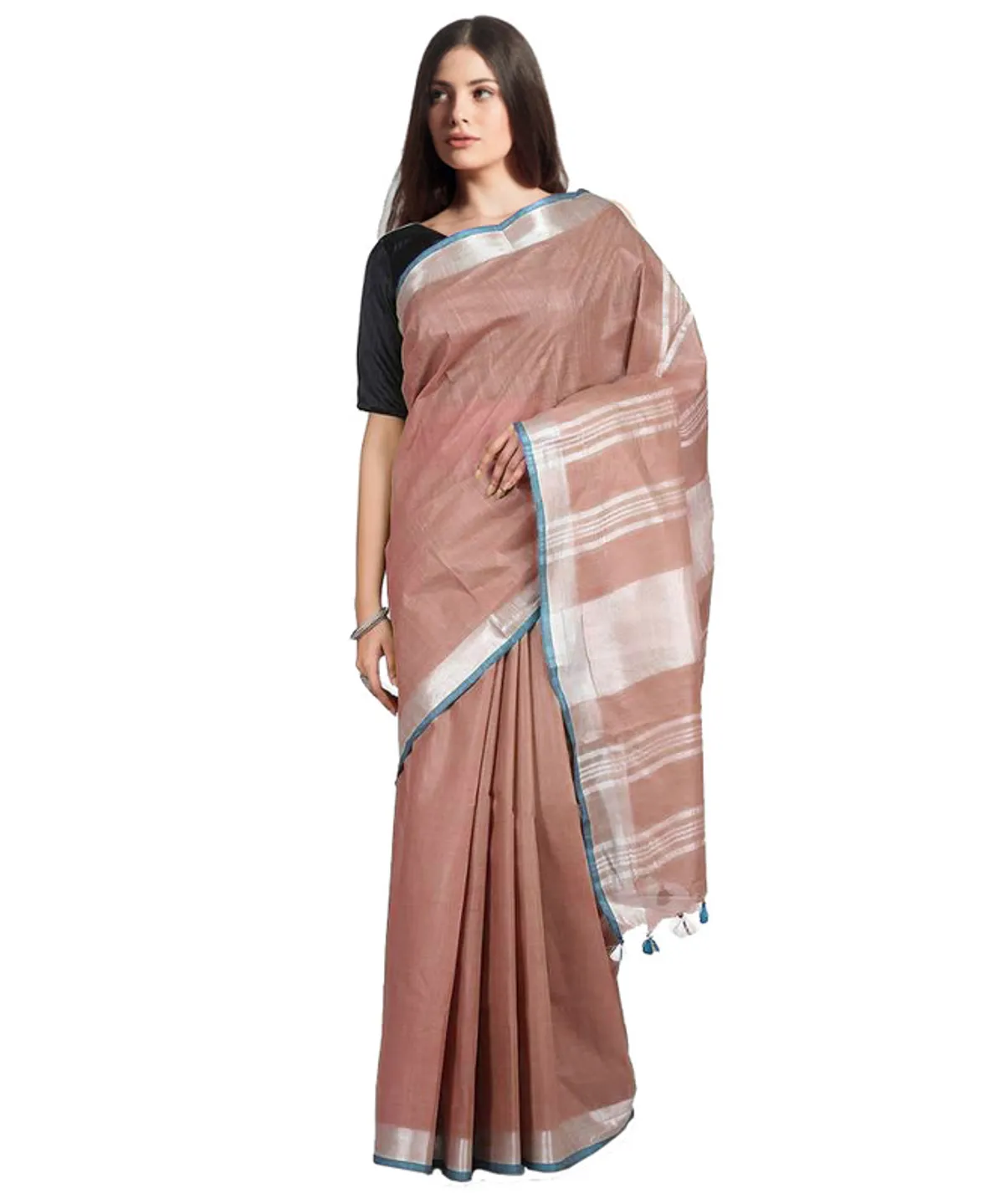 Sugar Brown1 women's Bhagalpuri Handloom Linen-Slub Saree With Contrast Blouse Piece (Sugar_Brown-Cyan)