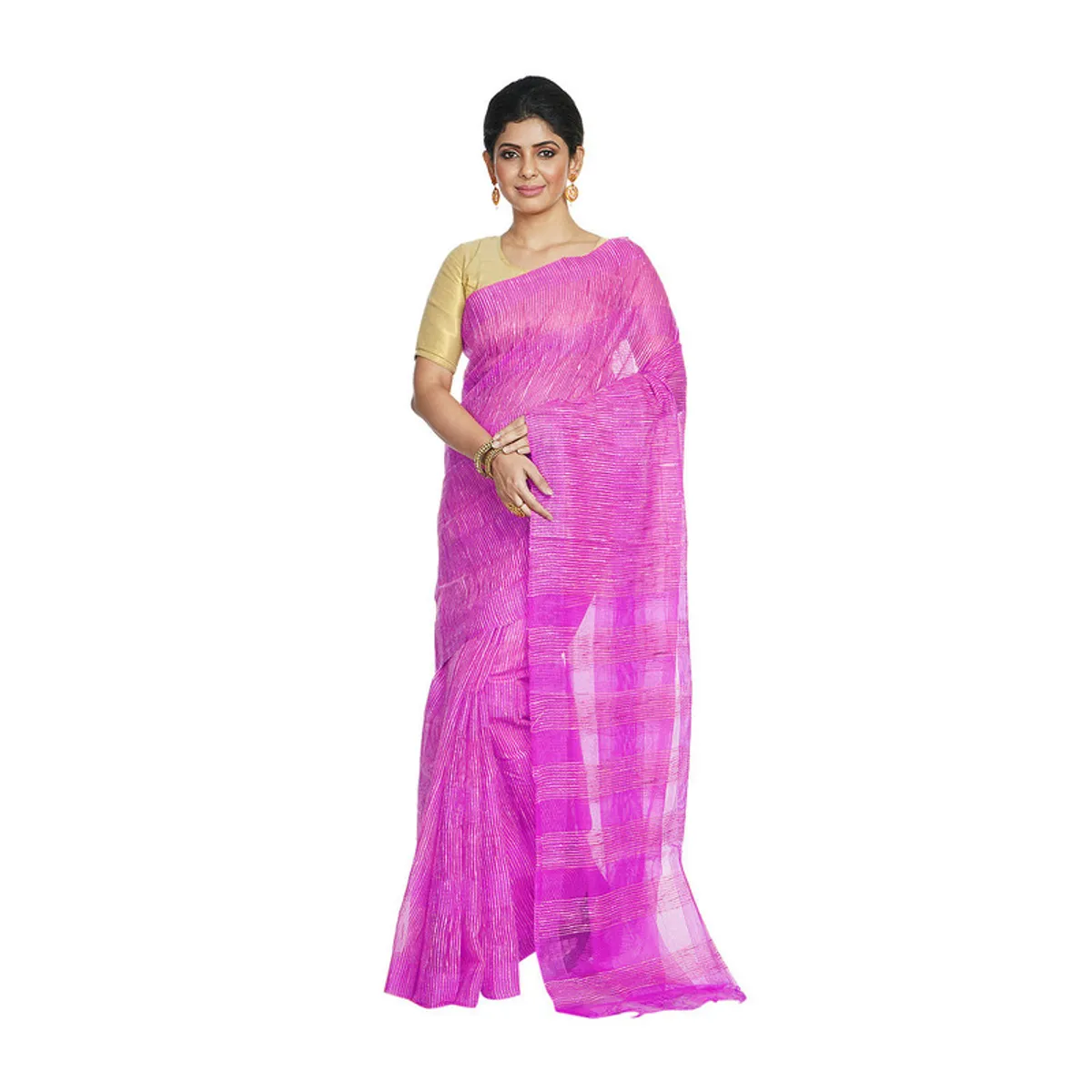 Fushia Pink women's Bhagalpuri Kota Doria Silk Semi Transparent Saree With Unstiched Blouse Piece