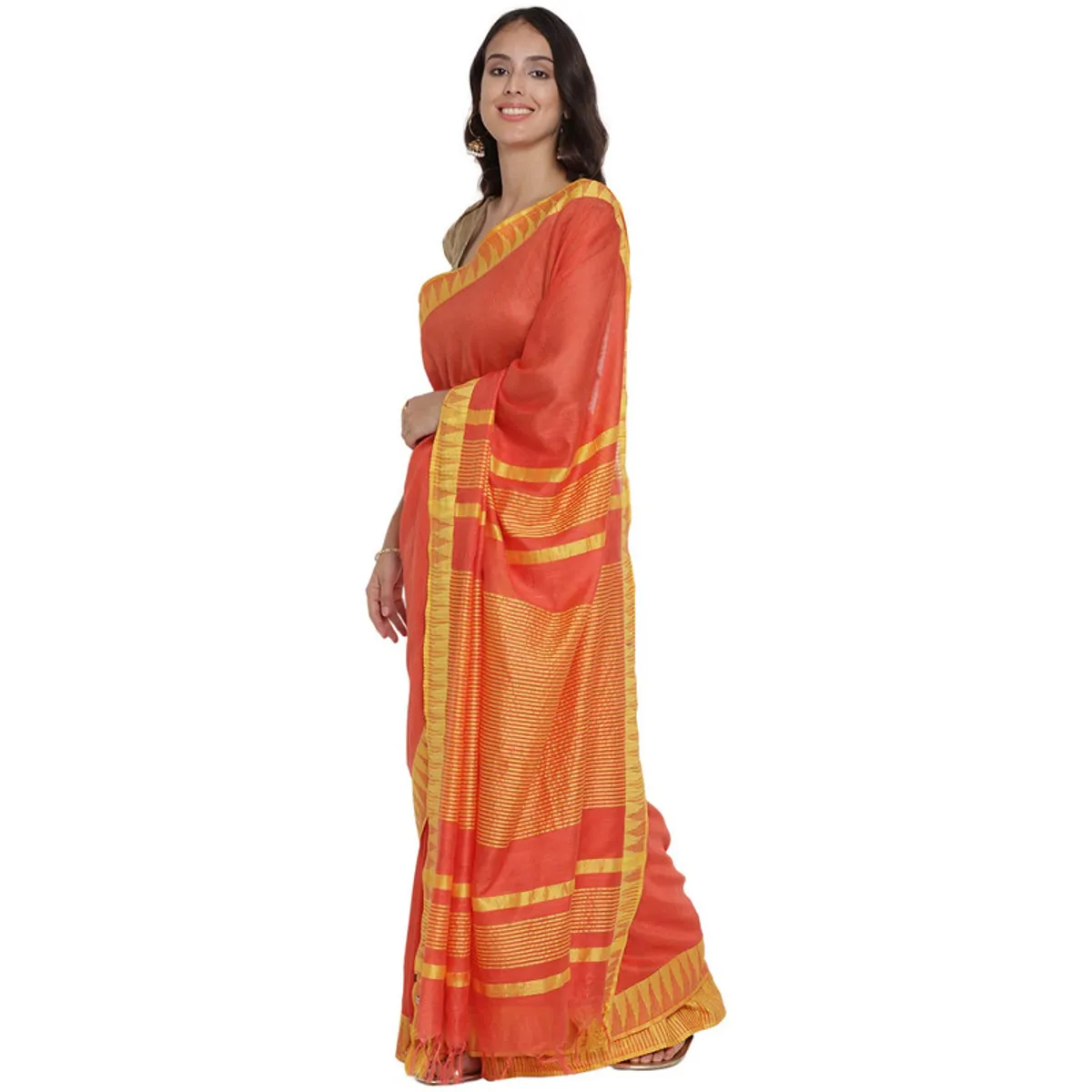 Bhagalpuri Handloom Kota Silk Temple Border Saree And Variation Of Colors With Striped Blouse Piece