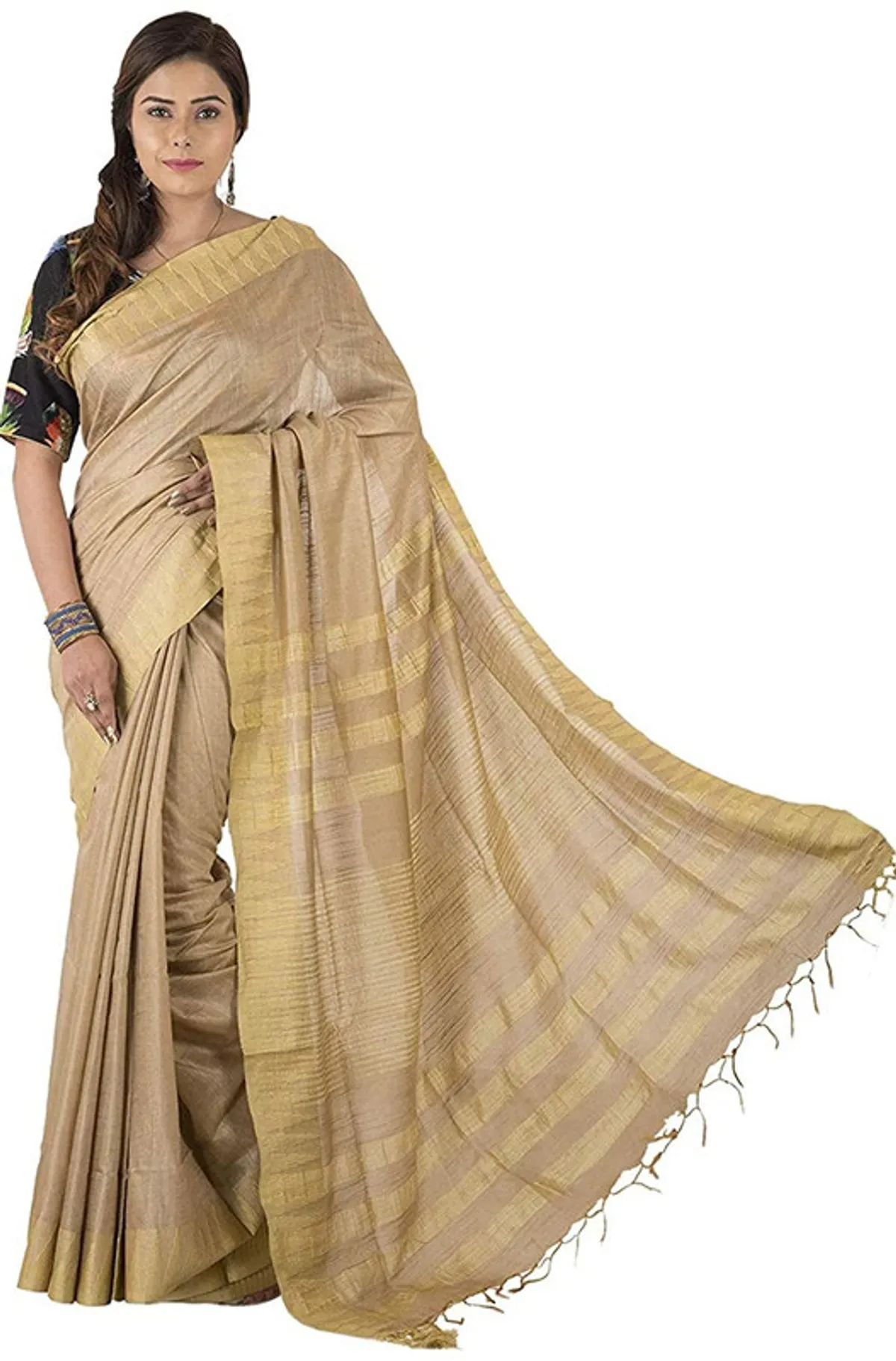 Camel Brown women's Bhagalpuri Handloom Kota Silk Temple Border Saree And Variation Of Colors With Striped Blouse Piece