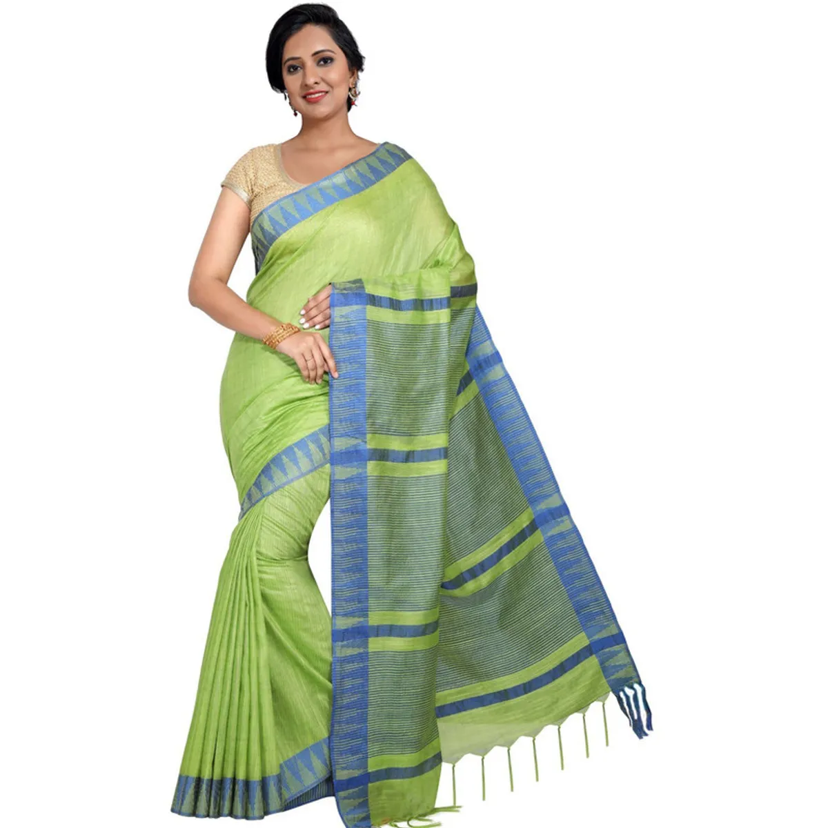Green women's Bhagalpuri Handloom Kota Silk Temple Border Saree And Variation Of Colors With Striped Blouse Piece