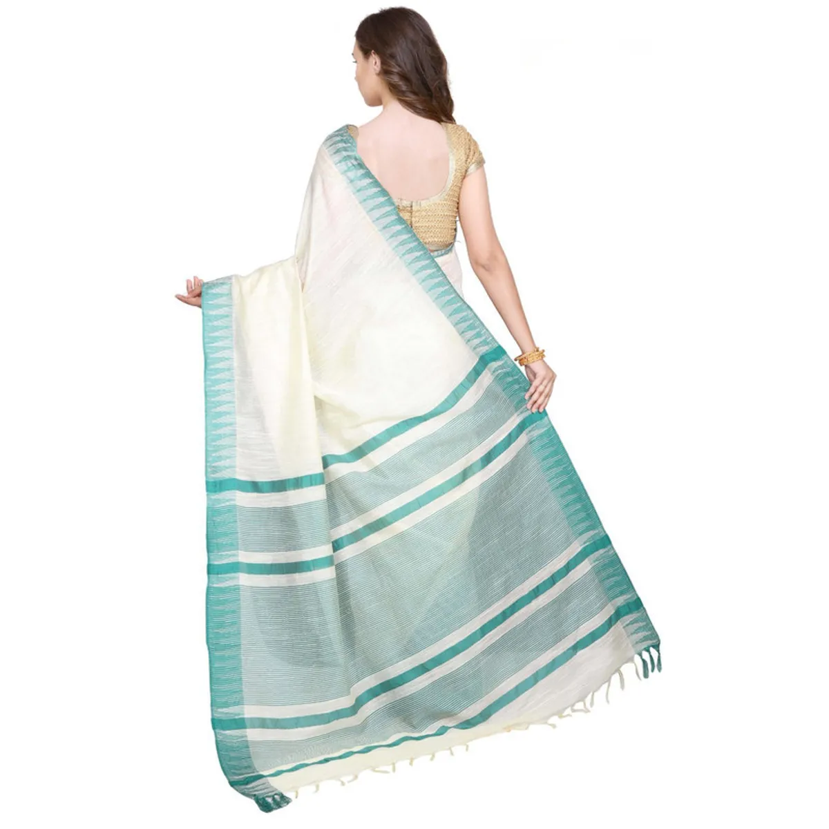 White-Turquoise women's Bhagalpuri Handloom Kota Silk Temple Border Saree And Variation Of Colors With Striped Blouse Piece