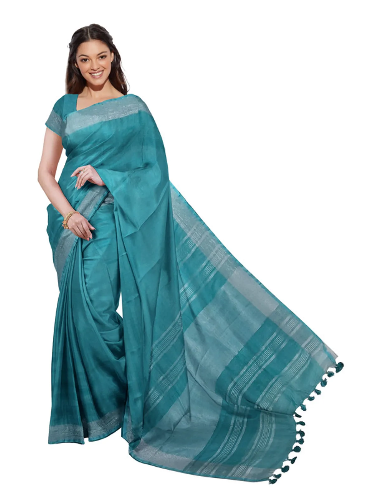 Cyan women's Bhagalpuri Handloom Linen Blend Saree And Variation Of Colors With Running Unstiched Blouse Piece