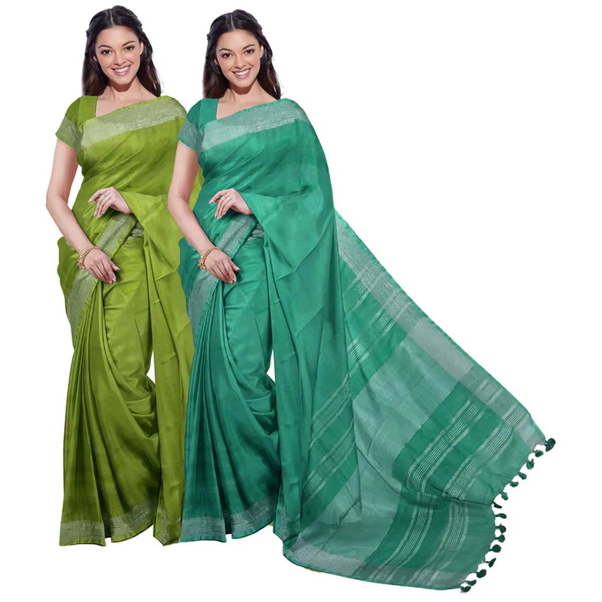 Green & Mint Green women's Bhagalpuri Handloom Cotton-Linen Blend Saree Combo (Pack Of 2) With Running Unstiched Blouse Piece