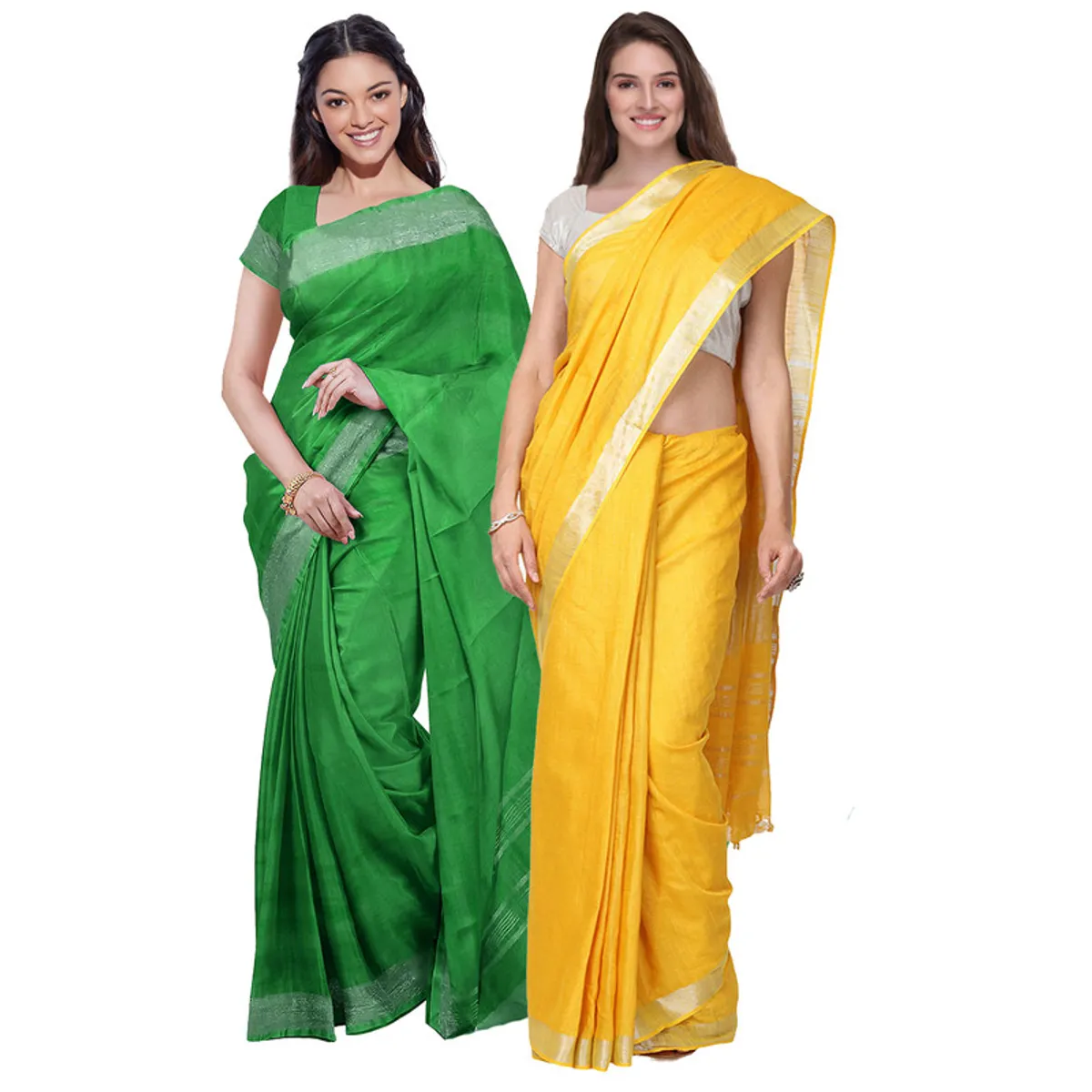 Pigment Green & Yellow women's Bhagalpuri Handloom Cotton-Linen Blend Saree Combo (Pack Of 2) With Running Unstiched Blouse Piece