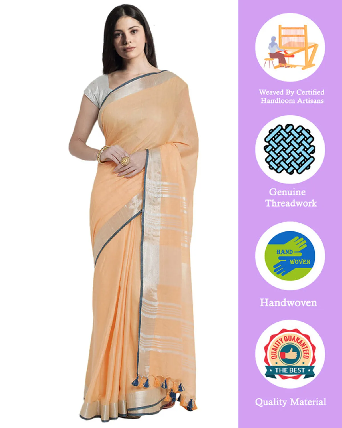 Tangerine Peach women's Bhagalpuri Handloom Cotton Linen Blend Saree With Contrast Unstiched Blouse Piece