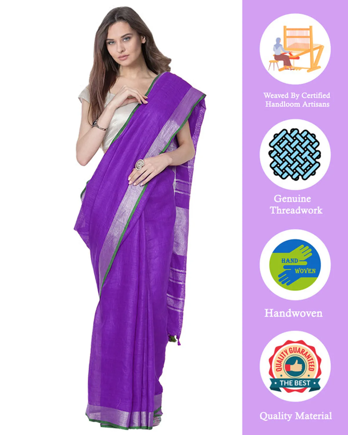 French Violet women's Bhagalpuri Handloom Cotton Linen Blend Saree With Contrast Unstiched Blouse Piece