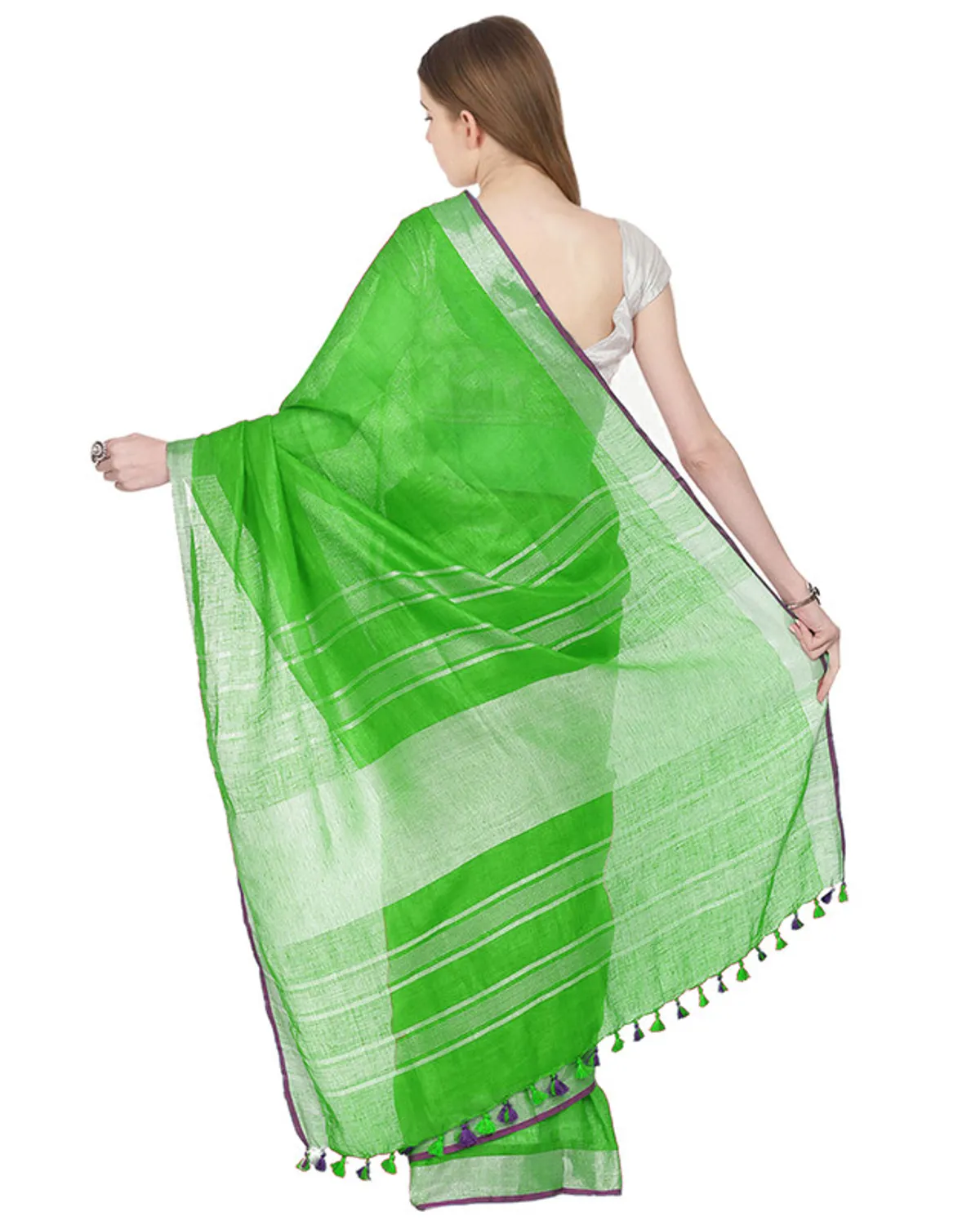 Kelly Green women's Bhagalpuri Handloom Cotton Linen Blend Saree With Contrast Unstiched Blouse Piece