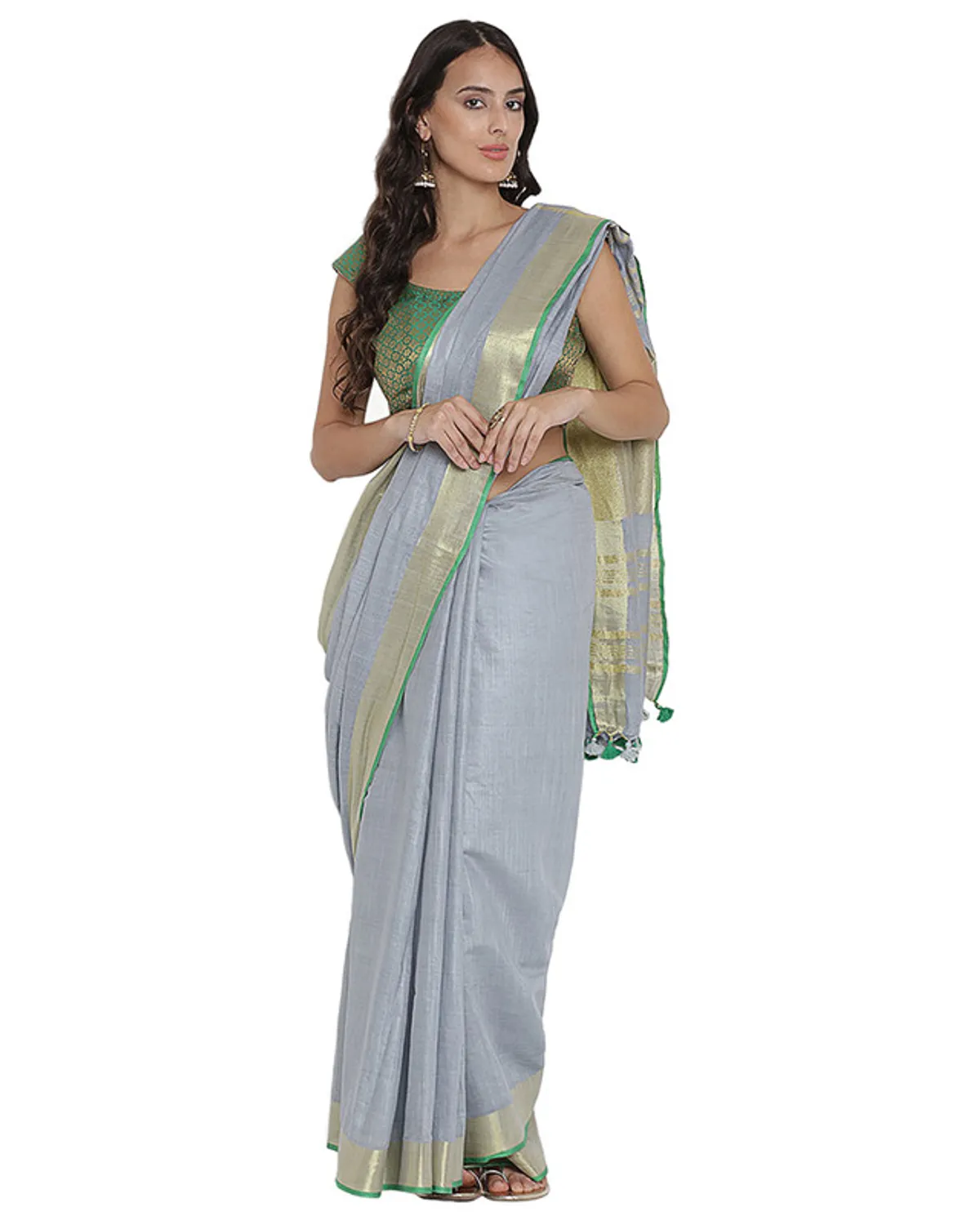 Vista Grey women's Bhagalpuri Handloom Cotton Linen Blend Saree With Contrast Unstiched Blouse Piece