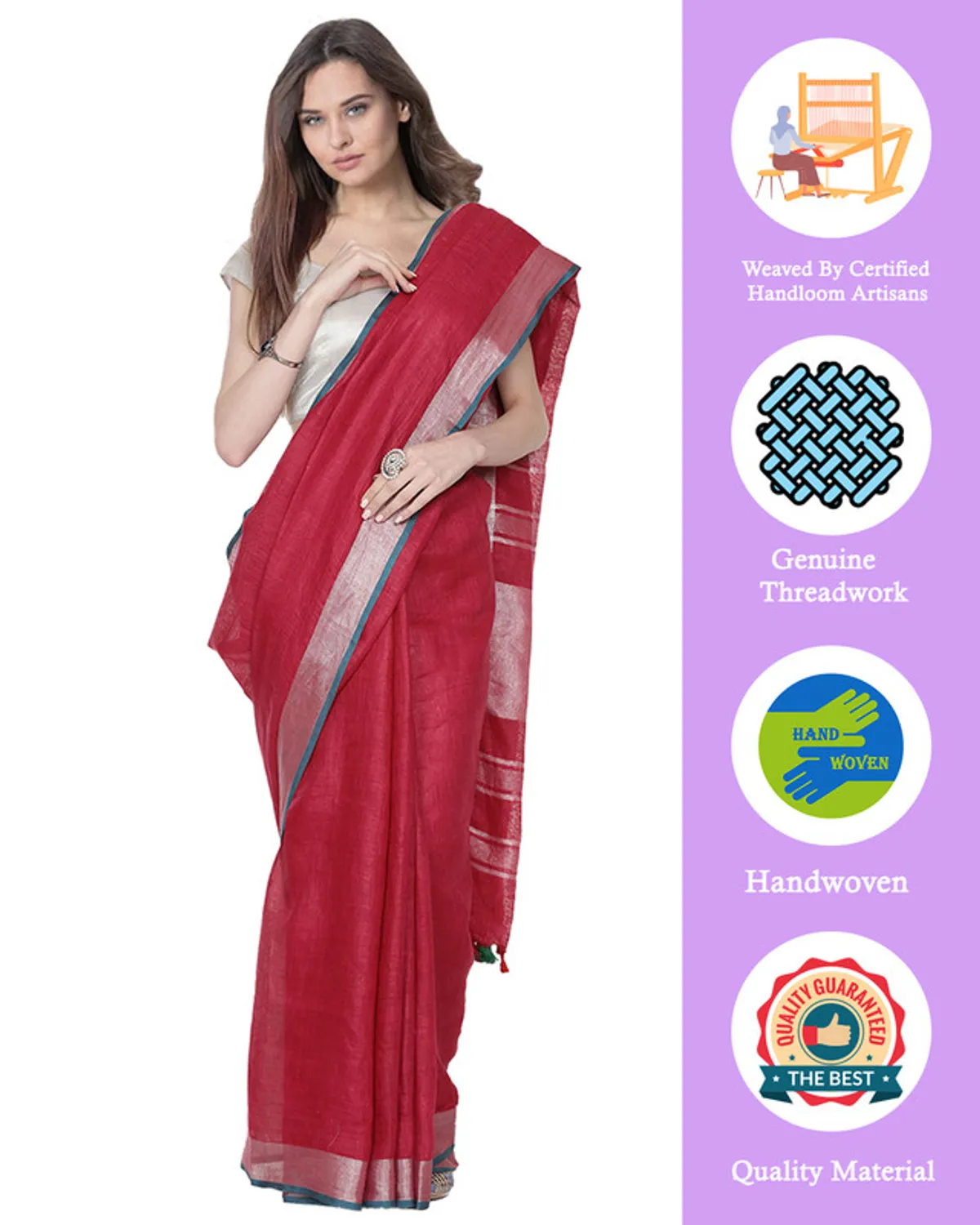 Cardinal Red women's Bhagalpuri Handloom Cotton Linen Blend Saree With Contrast Unstiched Blouse Piece