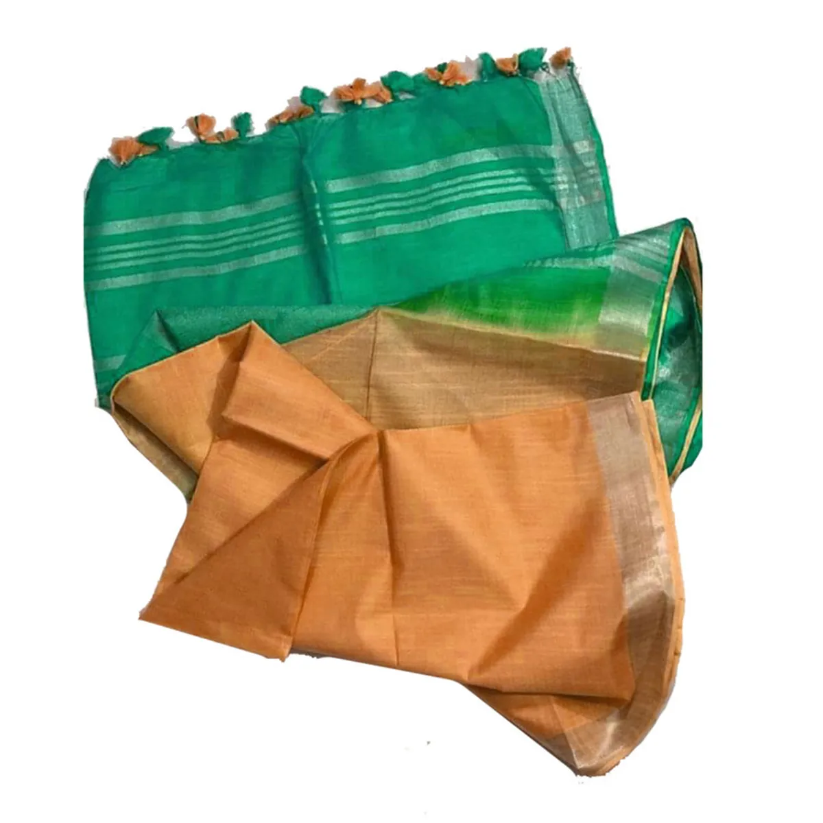 Mint Green & Sandy Orange Bhagalpuri women's Ethnic Wear Handloom Linen Cotton Blend Zari Border Two Dye Saree With Running Unstitched Blouse Piece