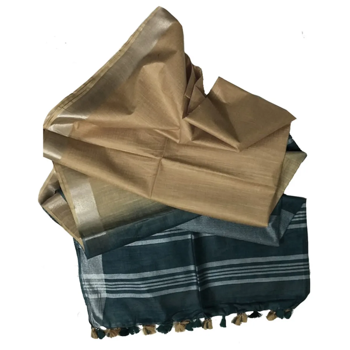 Myrtle Green & Calico Tan women's Bhagalpuri Ethnic Wear Handloom Cotton Linen Blend Zari Border Two Dye Saree With Running Unstitched Blouse Piece
