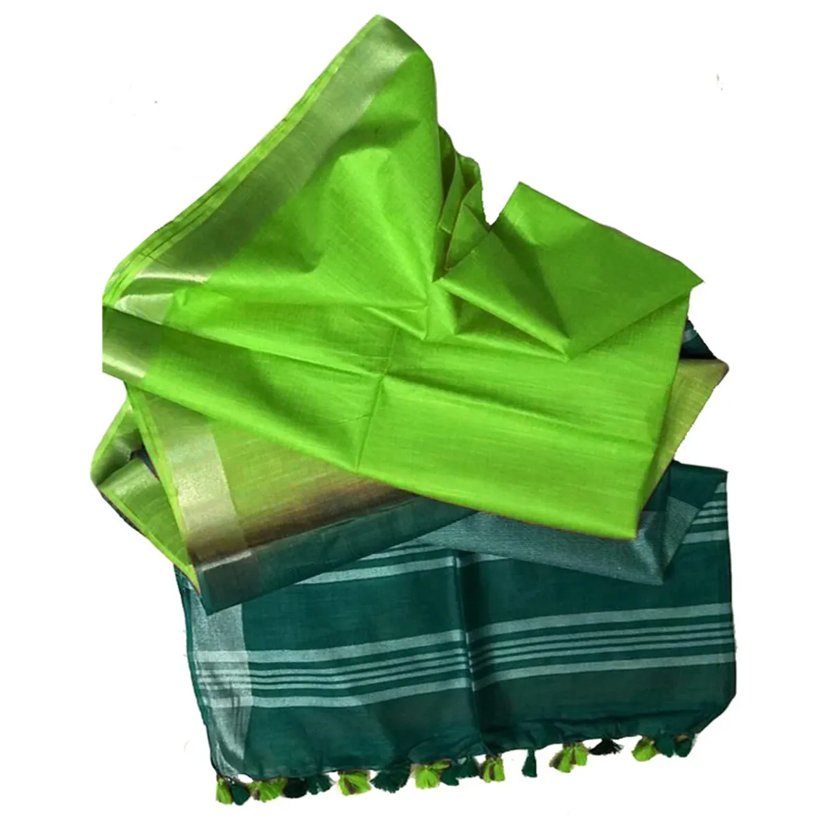 Pine Green & Spring Green women's Bhagalpuri Ethnic Wear Handloom Cotton Linen Slub Blend Zari Border Two Dye Saree With Running Unstitched Blouse Piece