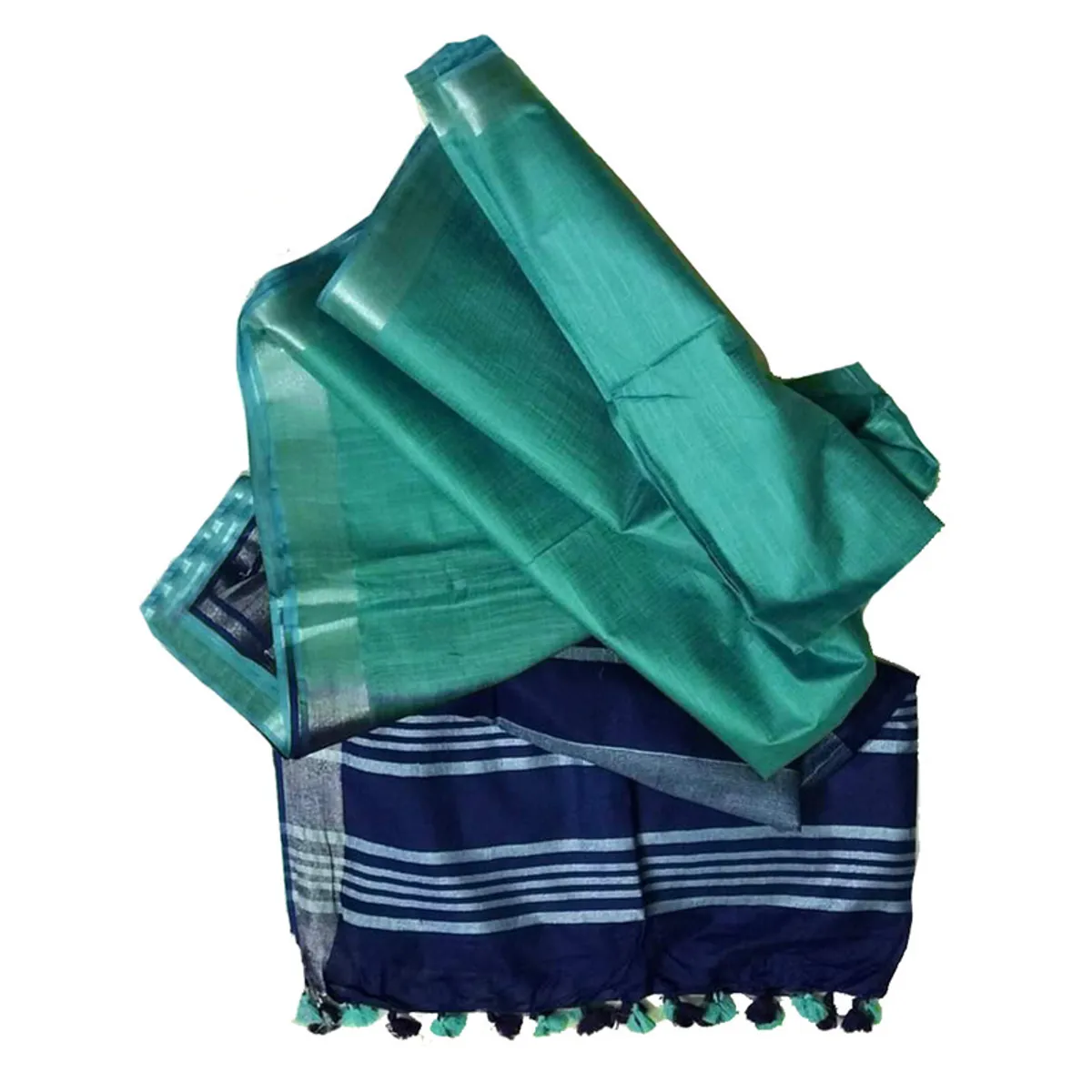 Royal Blue & Turquoise women's Bhagalpuri Ethnic Wear Handloom Cotton Linen Slub Blend Zari Border Two Dye Saree With Running Unstitched Blouse Piece