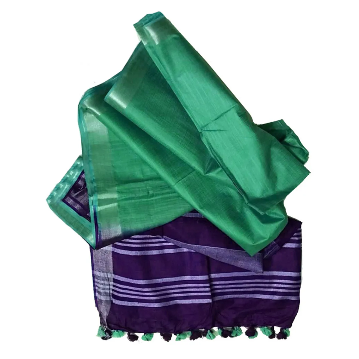 Russian Violet & Mint Green women's Bhagalpuri Ethnic Wear Handloom Cotton Linen Slub Blend Zari Border Two Dye Saree With Running Unstitched Blouse Piece