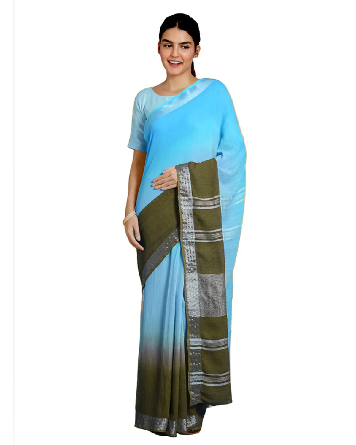 Capri Cyan & Brownish Green women's Bhagalpuri Handloom Linen Cotton Blend Two Dye Saree With Running Unstitched Blouse Piece