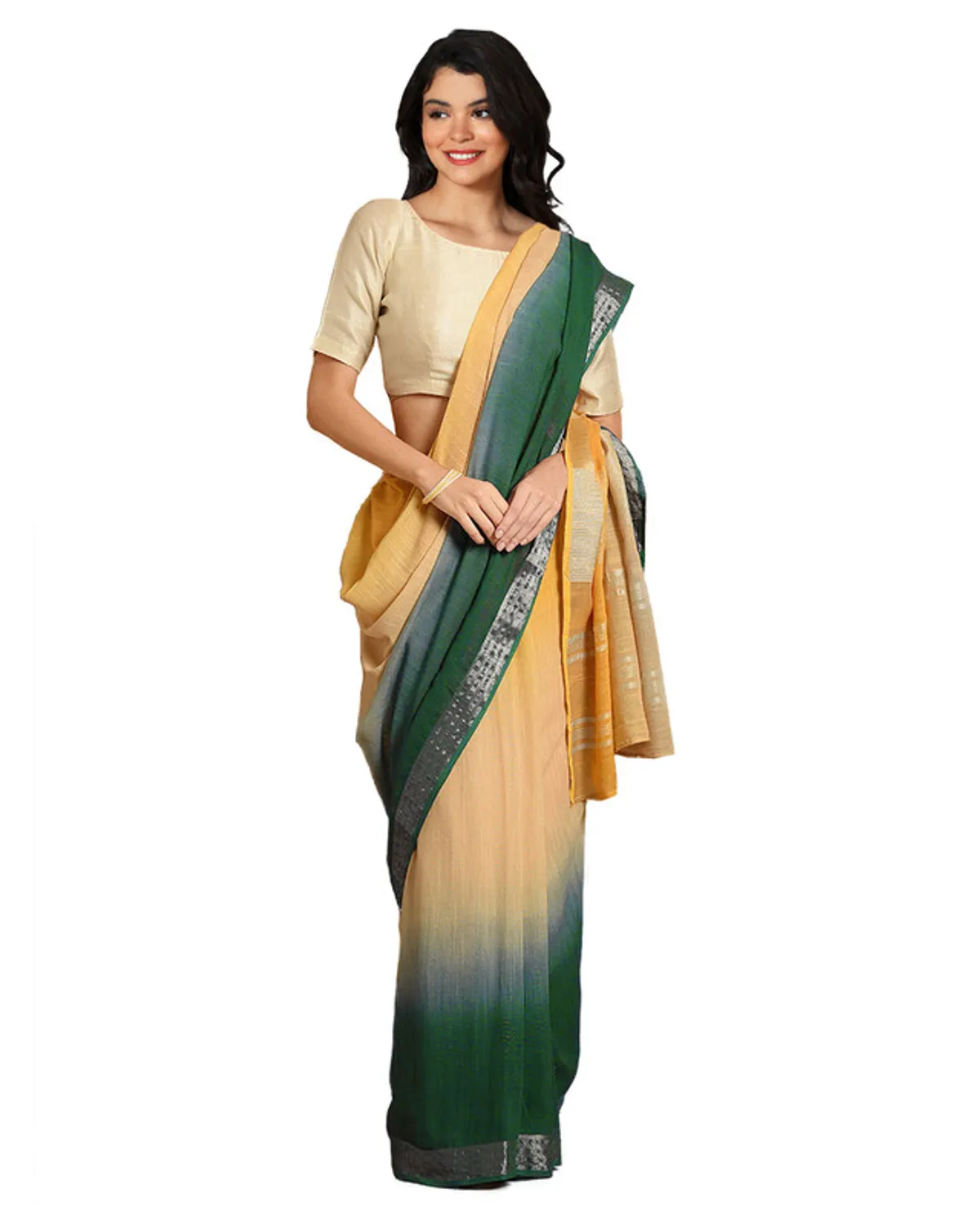 Sunglow Yellow & Dark Spring Green women's Bhagalpuri Handloom Linen Slub Blend Two Dye Saree With Running Unstitched Blouse Piece