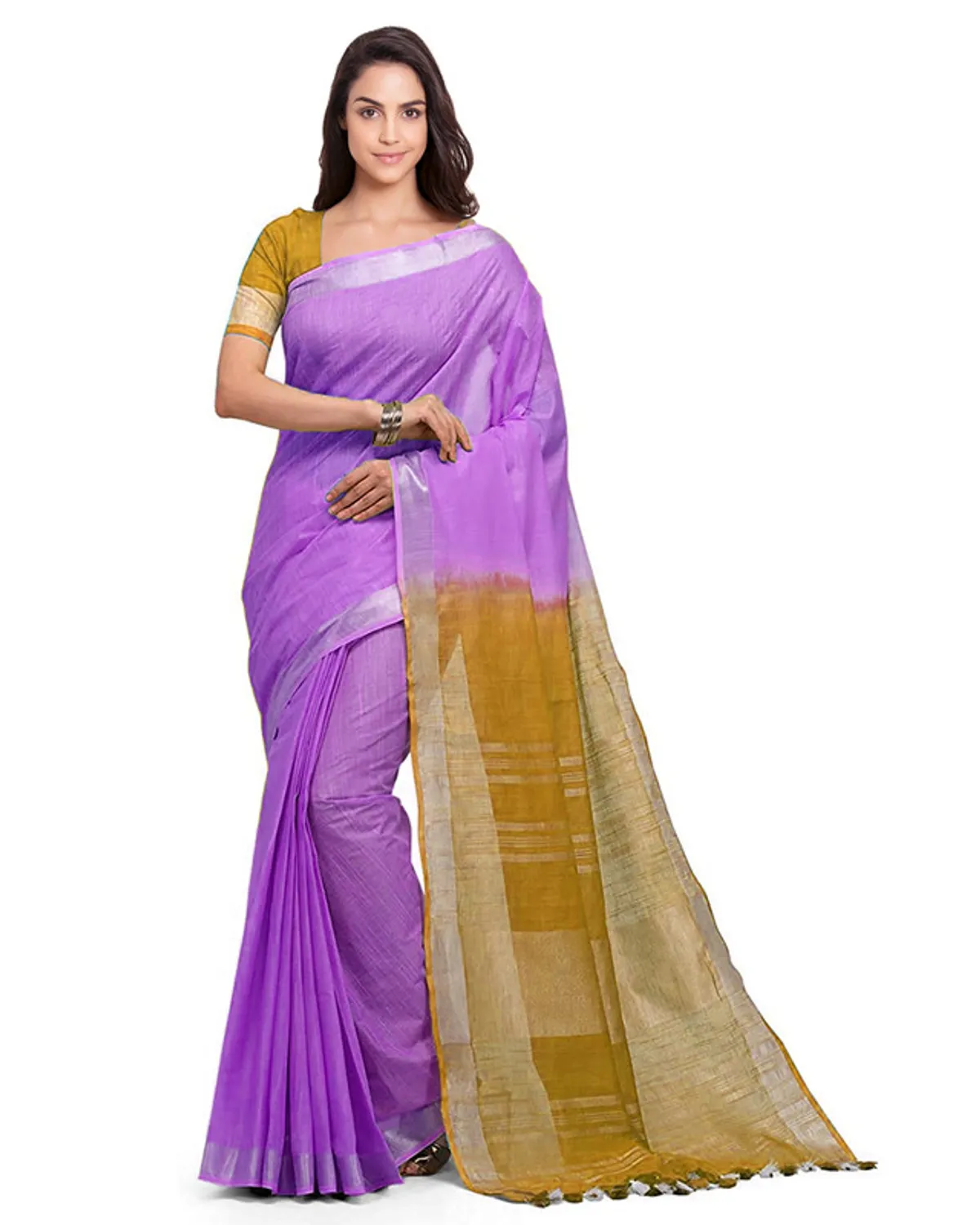 Lilac Purple & Golden Brown women's Bhagalpuri Handloom Ethnic Wear Linen Two Dye Saree With Running Unstitched Blouse Piece