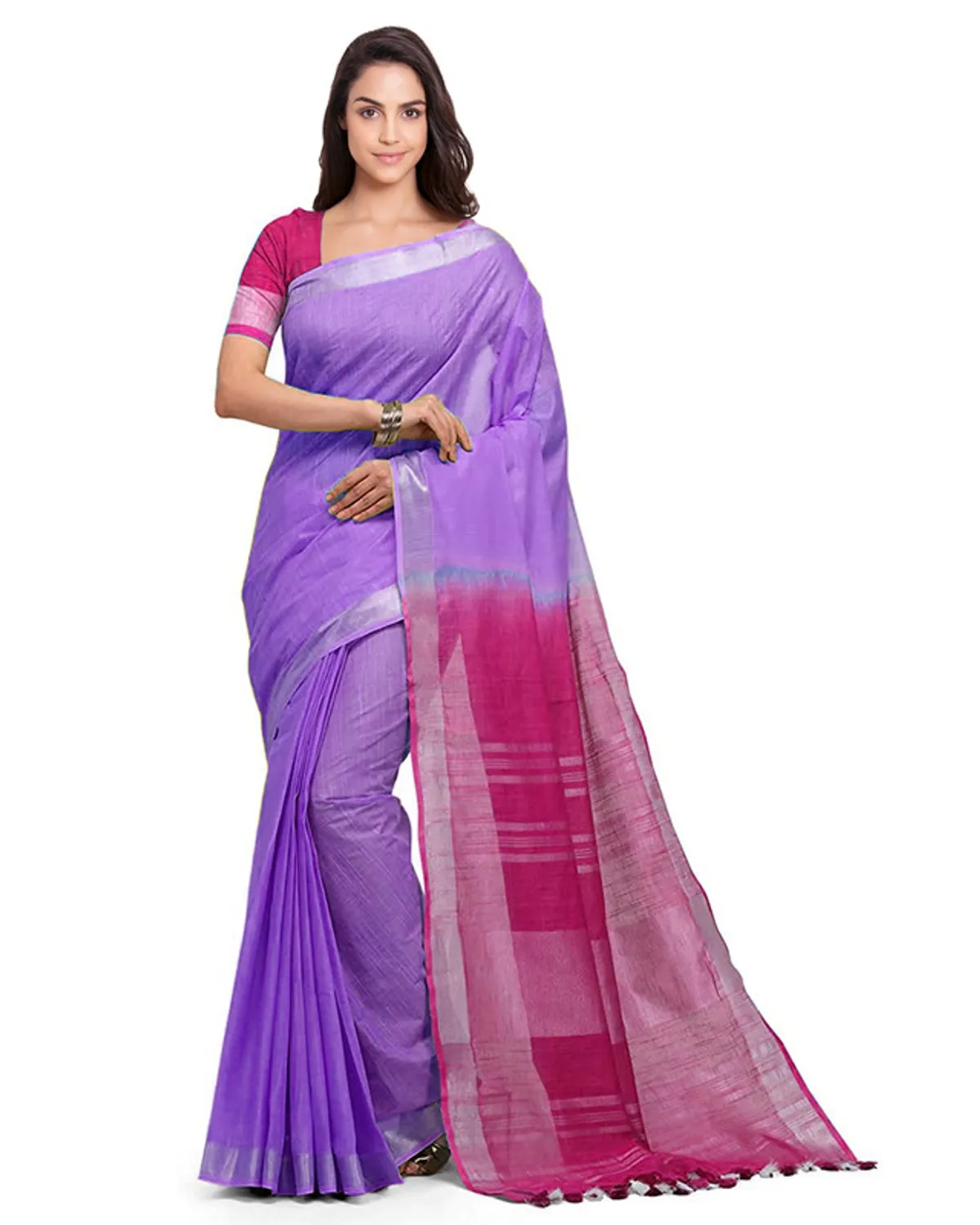 Lilac Purple & Raspberry Pink women's Bhagalpuri Handloom Ethnic Wear Linen Two Dye Saree With Running Unstitched Blouse Piece