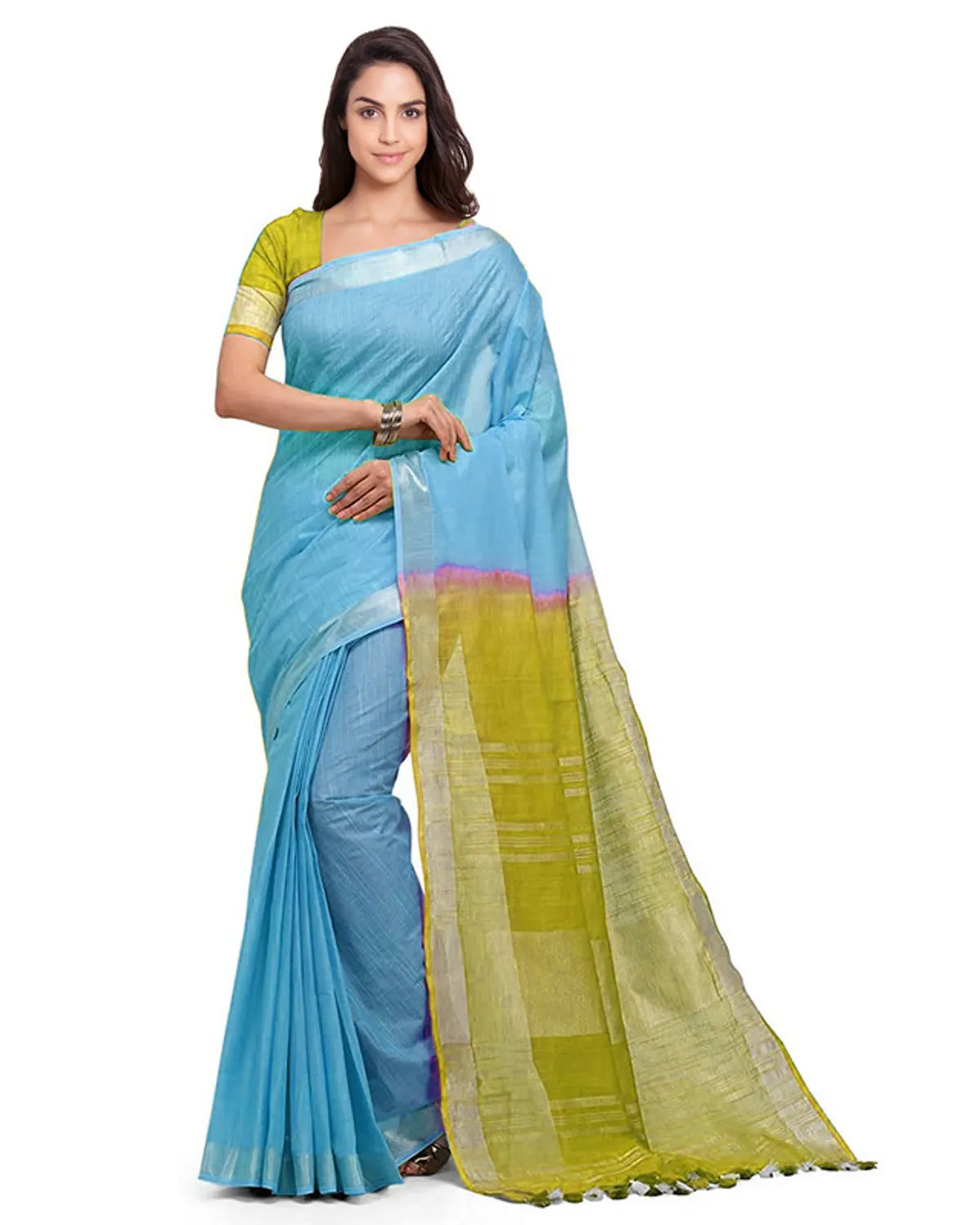 Bhagalpuri Handloom Linen Cotton Blend Two Dye Saree With Running Unstitched Blouse Piece