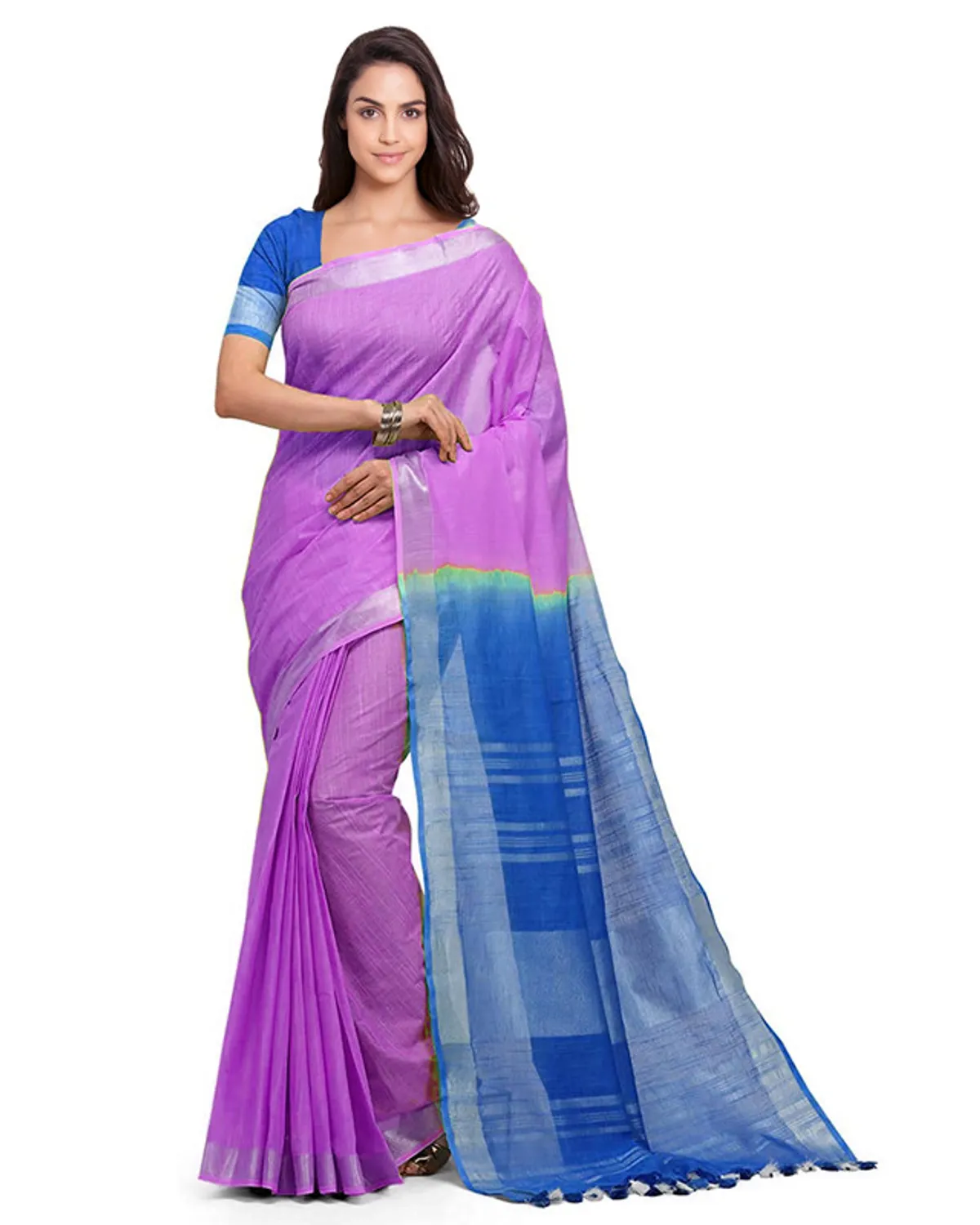 Heliotrope Pink & Azure Cyan women's Bhagalpuri Handloom Linen Cotton Blend Two Dye Saree With Running Unstitched Blouse Piece