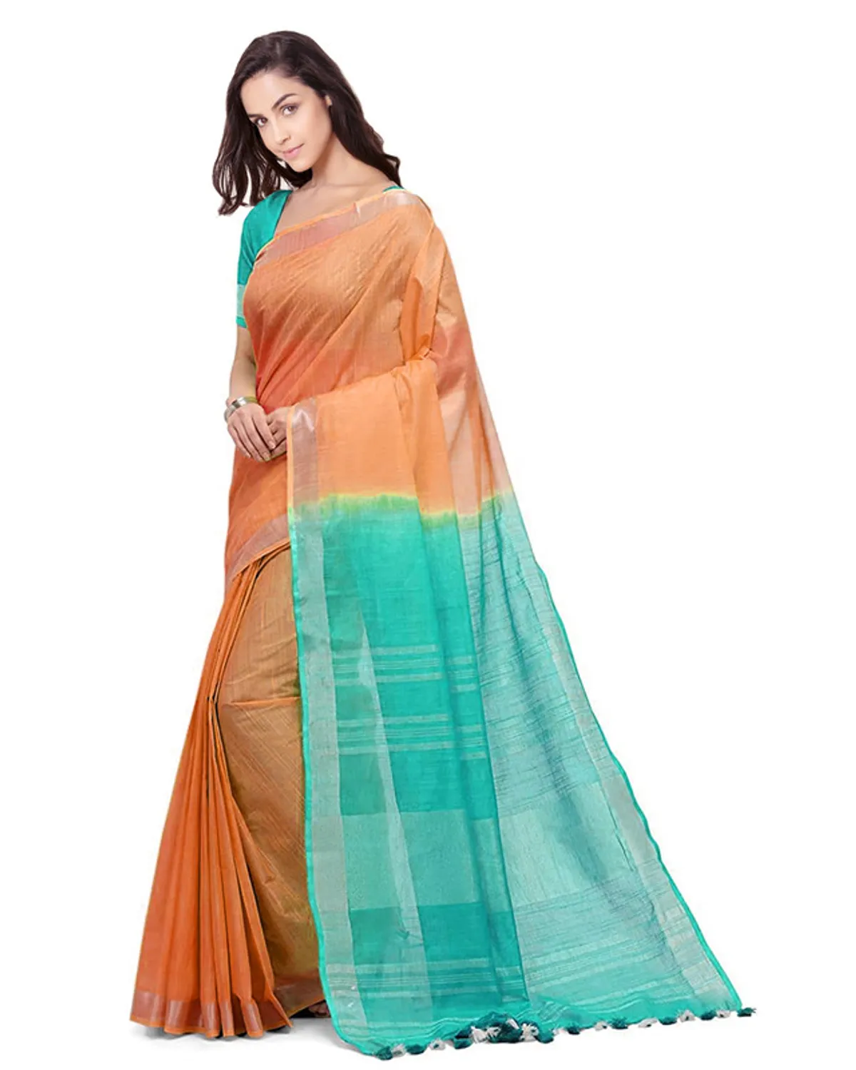 Pumpkin Orange & Turquoise women's Bhagalpuri Handloom Linen Cotton Blend Two Dye Saree With Running Unstitched Blouse Piece