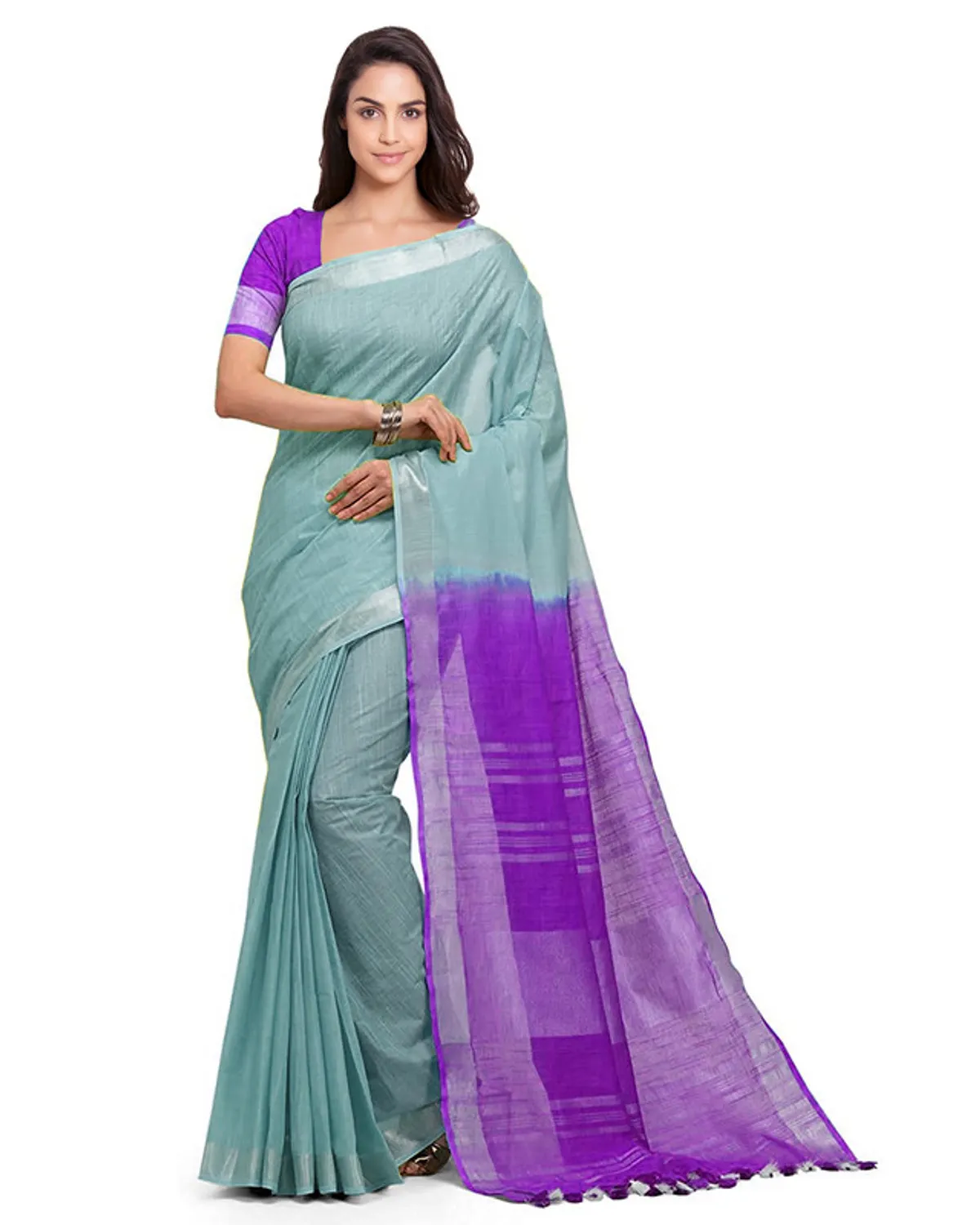 Tifaany Blue & French Violet women's Bhagalpuri Handloom Pure Cotton Two Dye Saree With Running Unstitched Blouse Piece