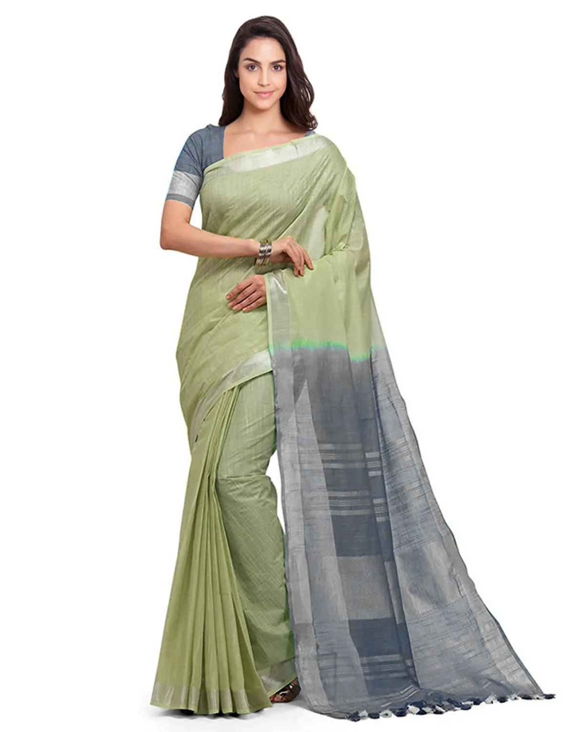 Handloom Bhagalpuri Linen Blend Two Dye Saree With Running Unstitched Blouse Piece
