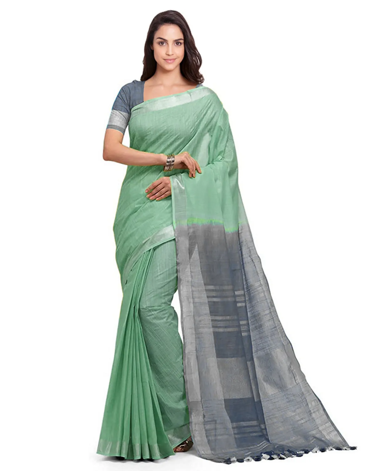 Mint Green & Grey women's Handloom Bhagalpuri Linen Blend Two Dye Saree With Running Unstitched Blouse Piece