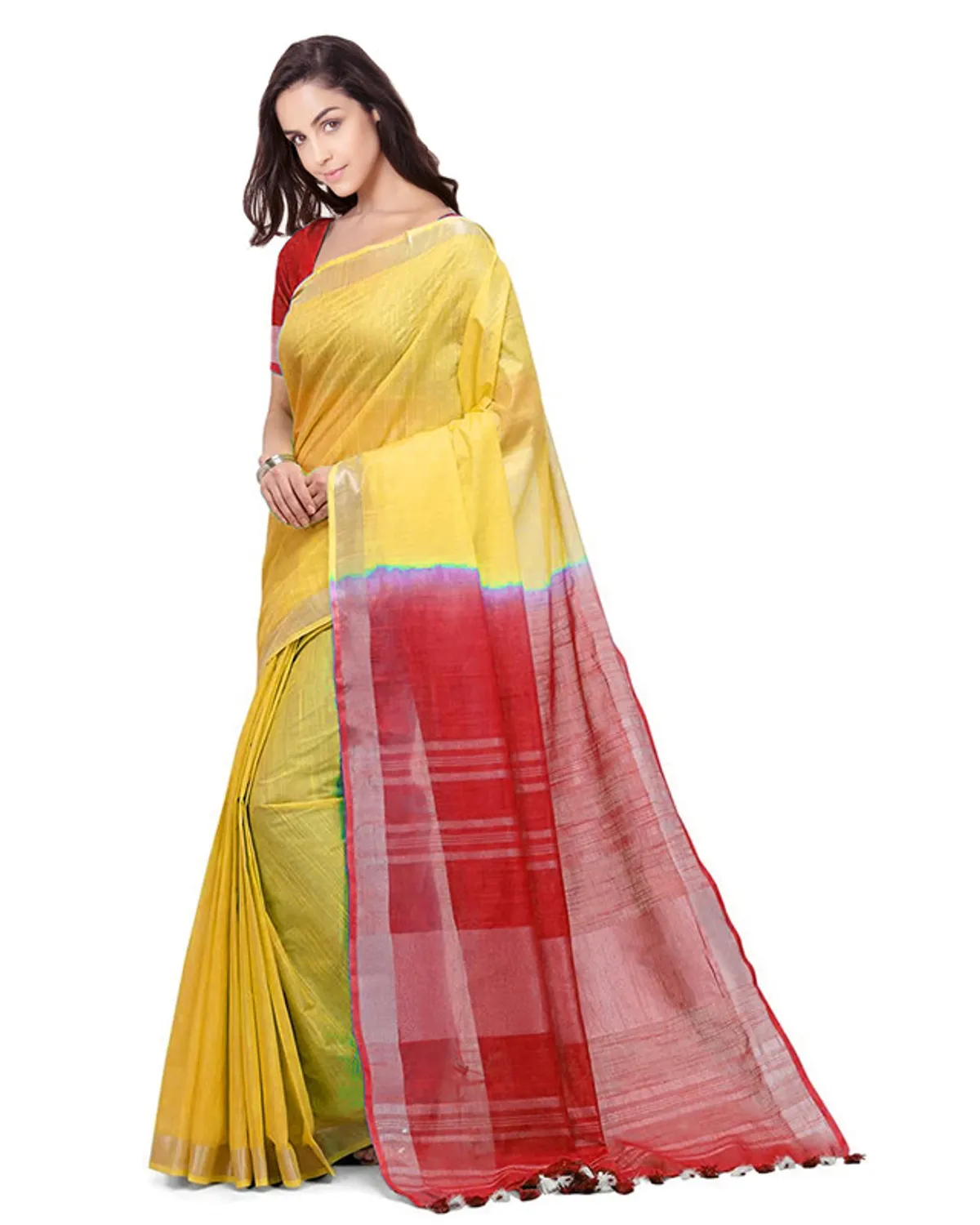 Yellow & Red women's Handloom Bhagalpuri Linen Cotton Slub Blend Two Dye Saree With Running Unstitched Blouse Piece
