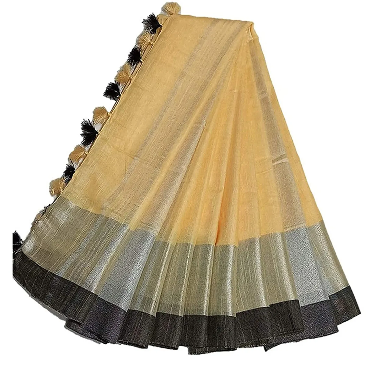 Creame Beige Bhagalpuri Handloom women's Linen Slub Blend Saree With Black Pipin Contrast Blouse Piece