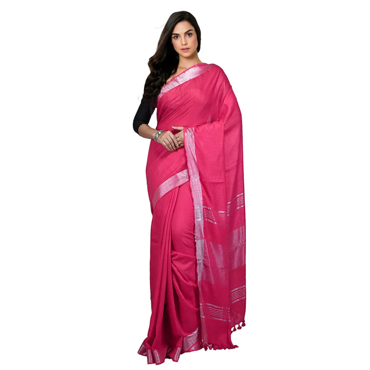 Cerise Pink Bhagalpuri women's Handloom Linen Cotton Ethnic Wear Saree With Running Unstitched Blouse Piece