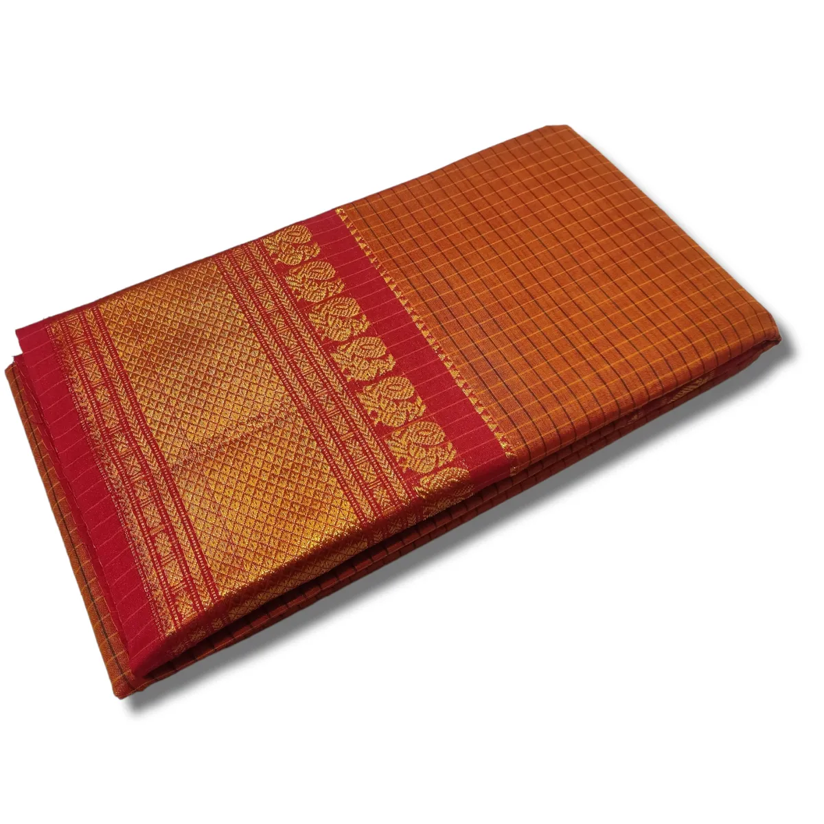 Orange Checks Narayanpet Cotton saree Woven Gold Jari In Border with Running blouse piece (checks_orange)